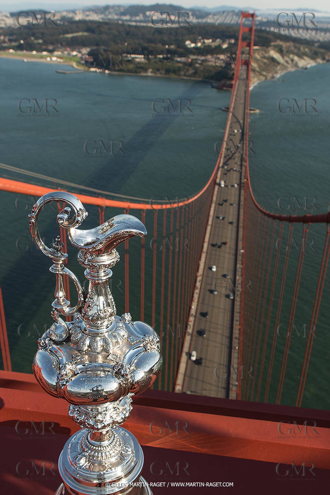 03 07 2013 - San Francisco (USA, CA) - 34th America's Cup - The America's Cup Trophy at the top of Golden Gate Bridge