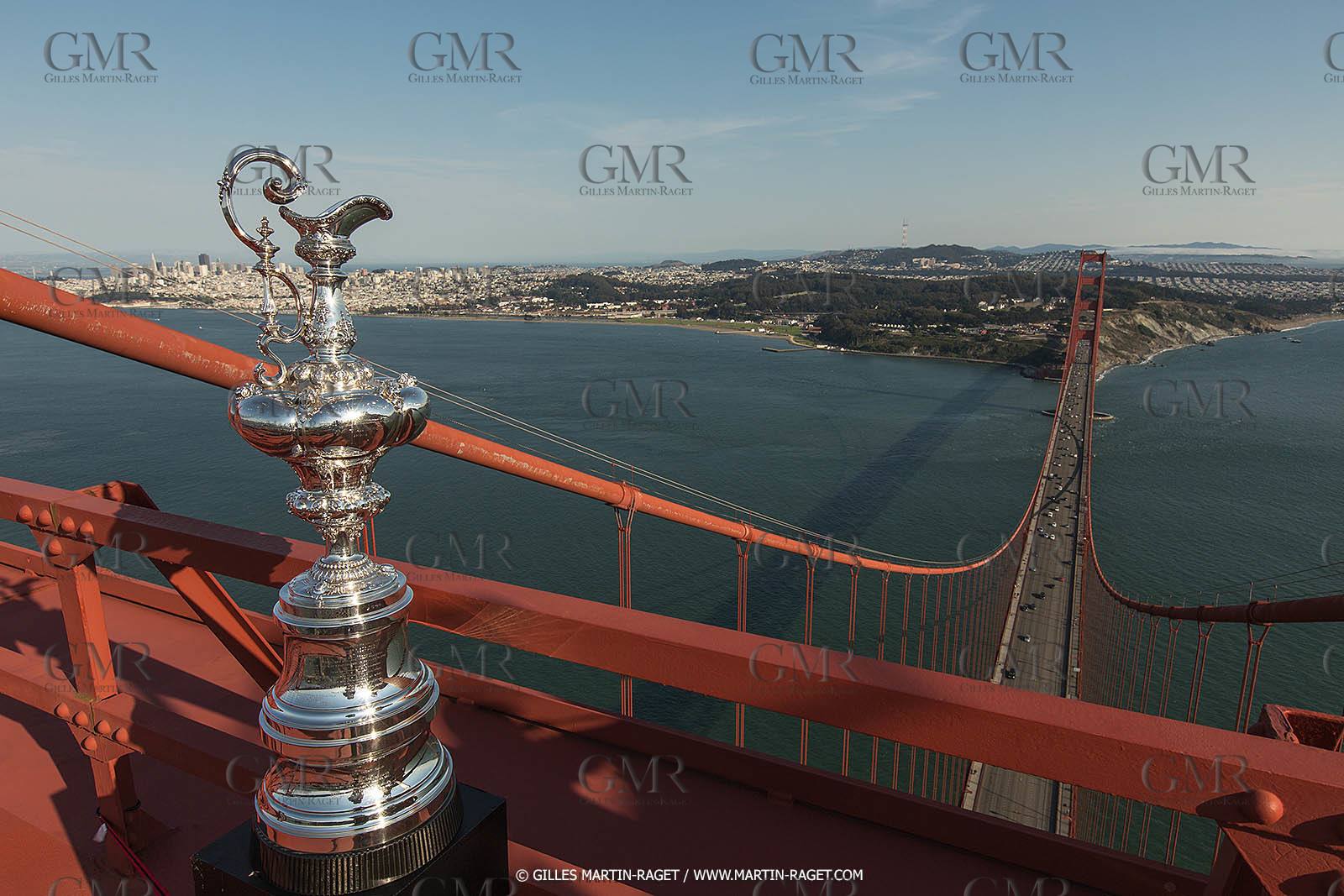 03 07 2013 - San Francisco (USA, CA) - 34th America's Cup - The America's Cup Trophy at the top of Golden Gate Bridge