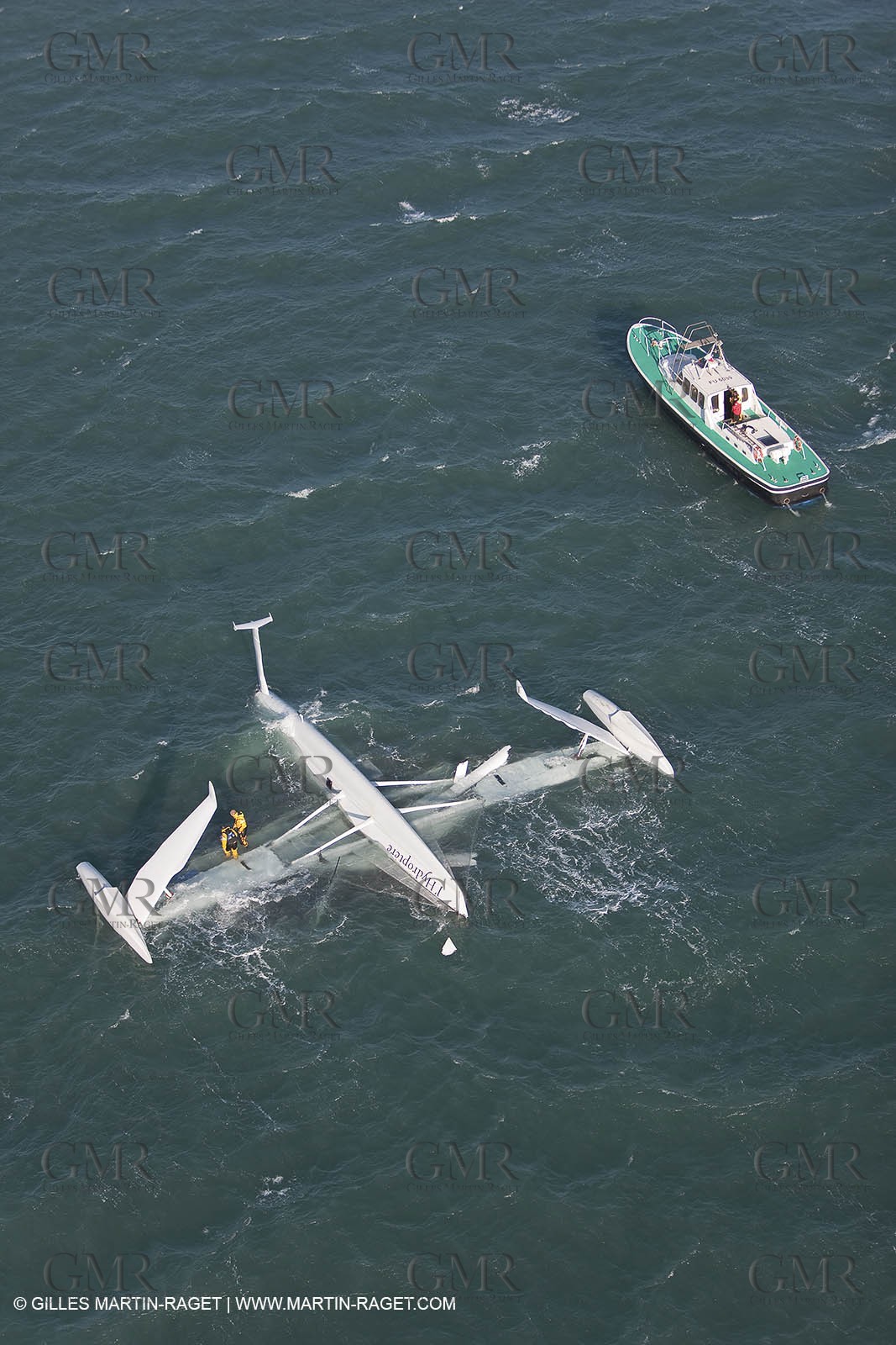 21 12 2008 - Port Saint Louis du Rhône (South of France) - The Hydroptere just after its capsize when trying to beat the overall sailing speed record