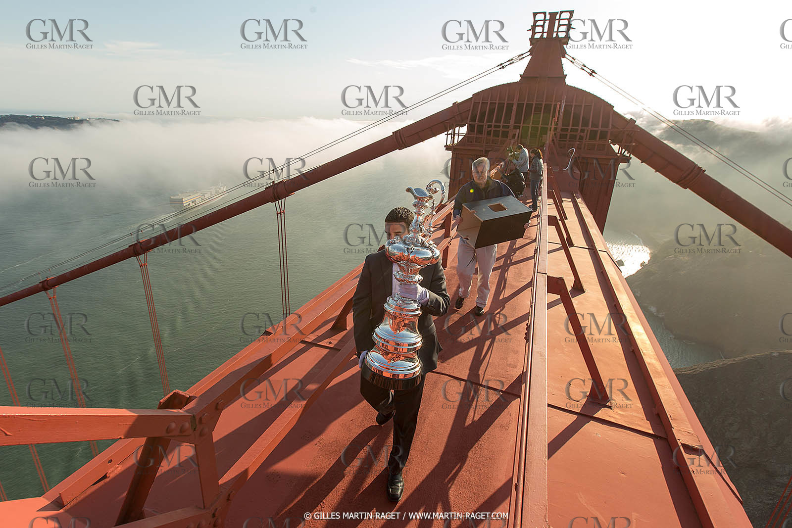 03 07 2013 - San Francisco (USA, CA) - 34th America's Cup - The America's Cup Trophy at the top of Golden Gate Bridge