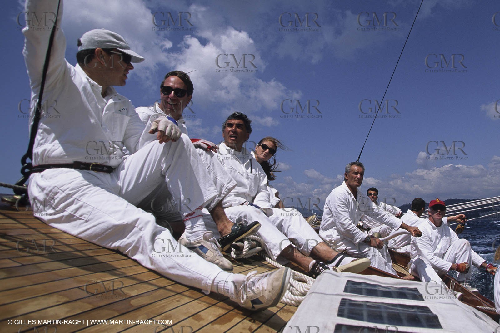May 1996 - Cannes (FRA, 06) Albert of Monaco manoeuvering onboard Tuiga with Eric Tabarly Steering