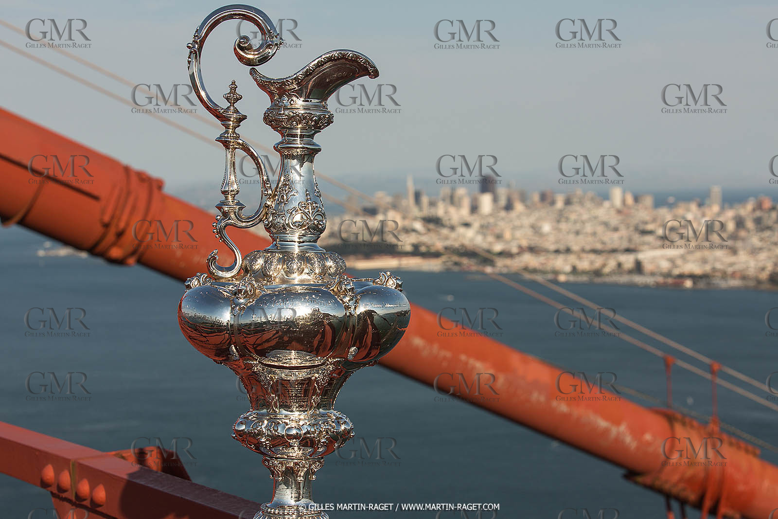 03 07 2013 - San Francisco (USA, CA) - 34th America's Cup - The America's Cup Trophy at the top of Golden Gate Bridge