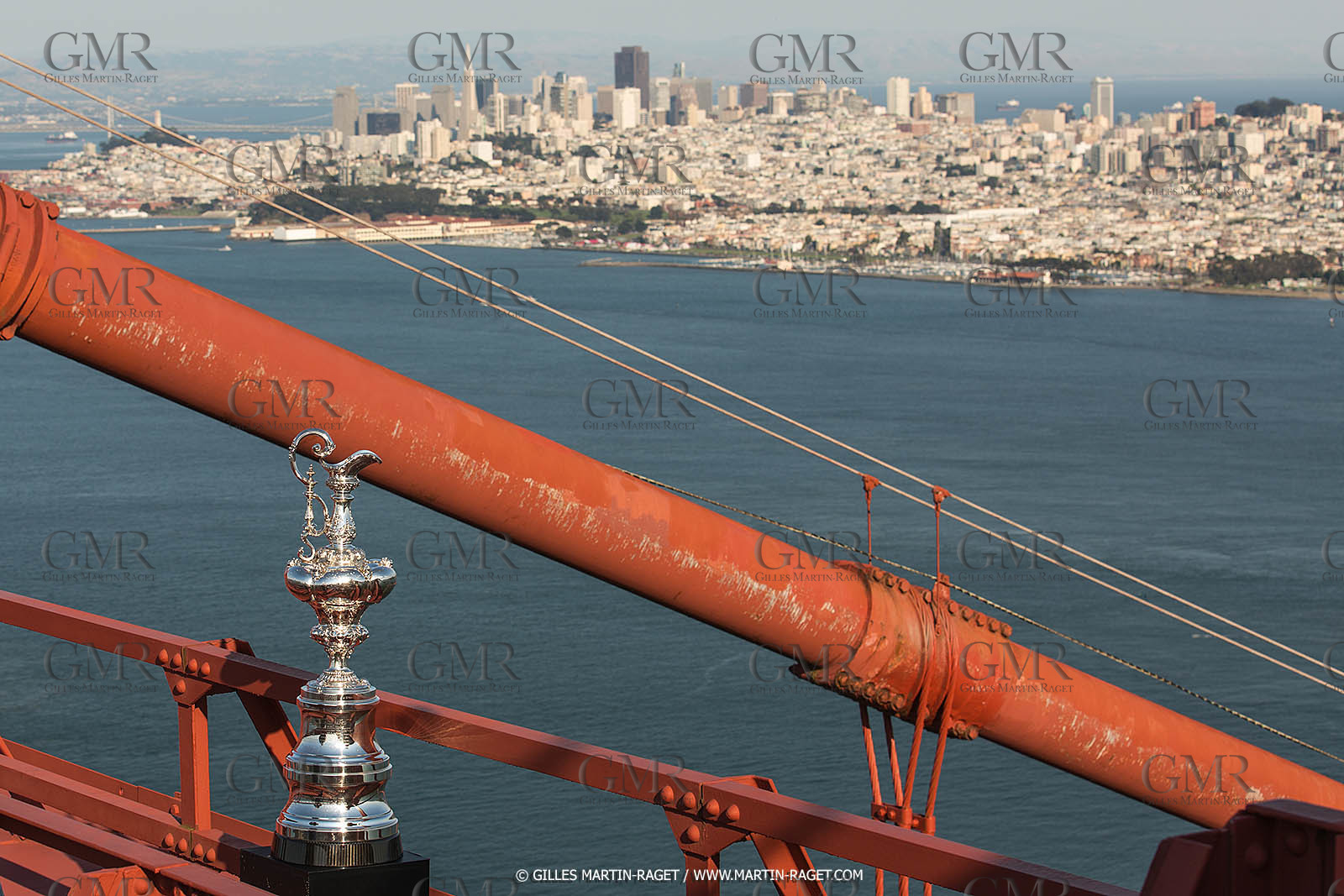03 07 2013 - San Francisco (USA, CA) - 34th America's Cup - The America's Cup Trophy at the top of Golden Gate Bridge