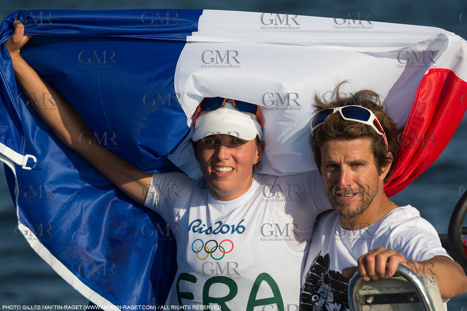 14 08 2016, Rio de Janeiro (BRA), 2016 Olympic Games, Sailing, RSX Women medal race, Charline Picon, gold medalist and her coach Cédric Leroy