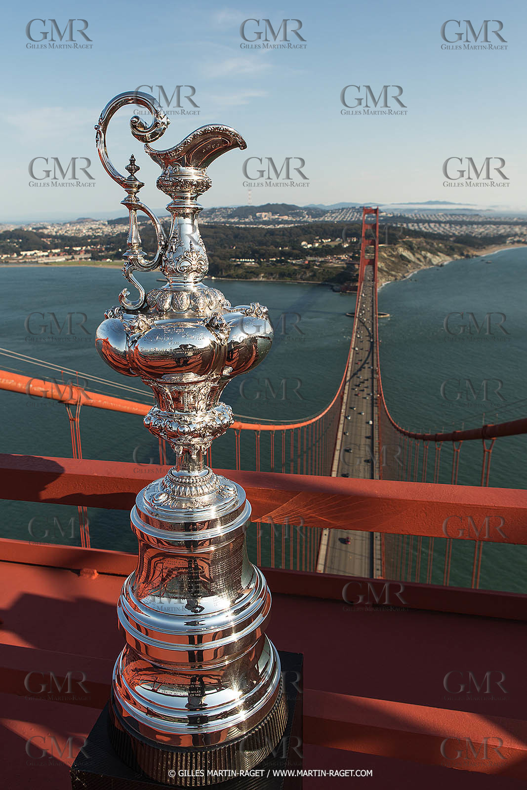 03 07 2013 - San Francisco (USA, CA) - 34th America's Cup - The America's Cup Trophy at the top of Golden Gate Bridge
