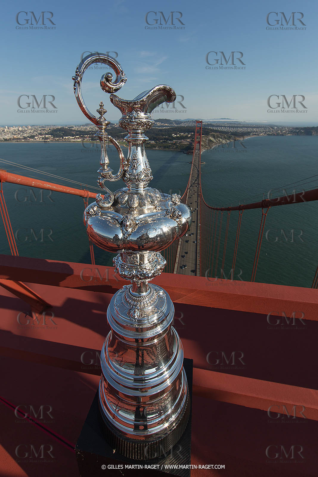 03 07 2013 - San Francisco (USA, CA) - 34th America's Cup - The America's Cup Trophy at the top of Golden Gate Bridge