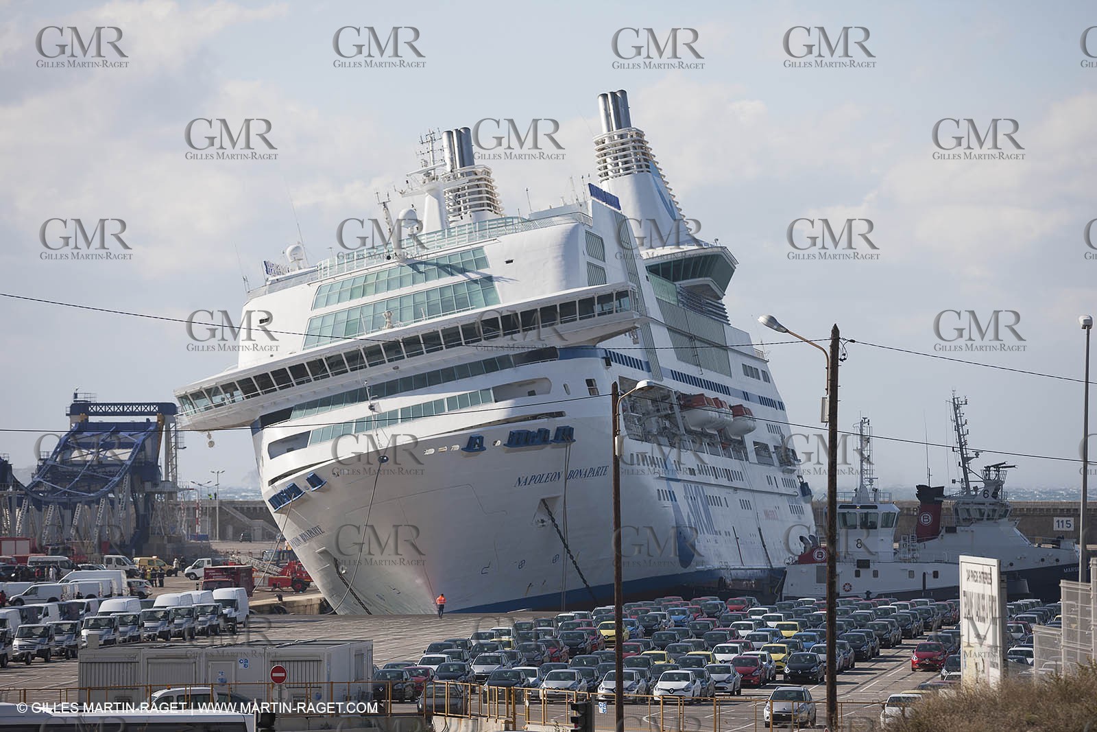 28 10 2012- Marseille (FRA,13) - Mistral force 11 gale - Ferry Napoleon Bonaparte has been damaged after its docking lines broke. The ship hit a quay and 2 watertight compartments have been submersed.