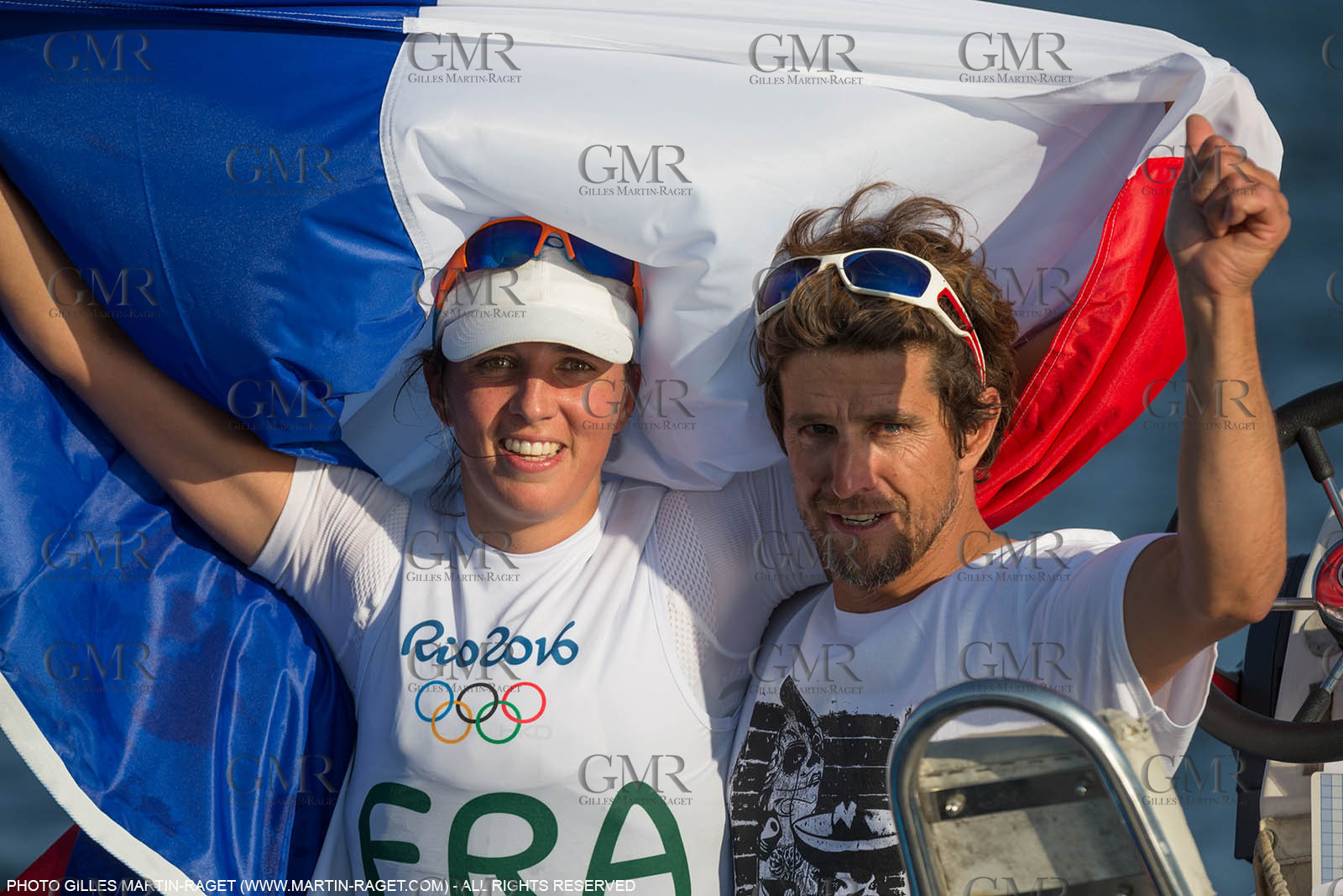 14 08 2016, Rio de Janeiro (BRA), 2016 Olympic Games, Sailing, RSX Women medal race, Charline Picon, gold medalist and her coach Cédric Leroy