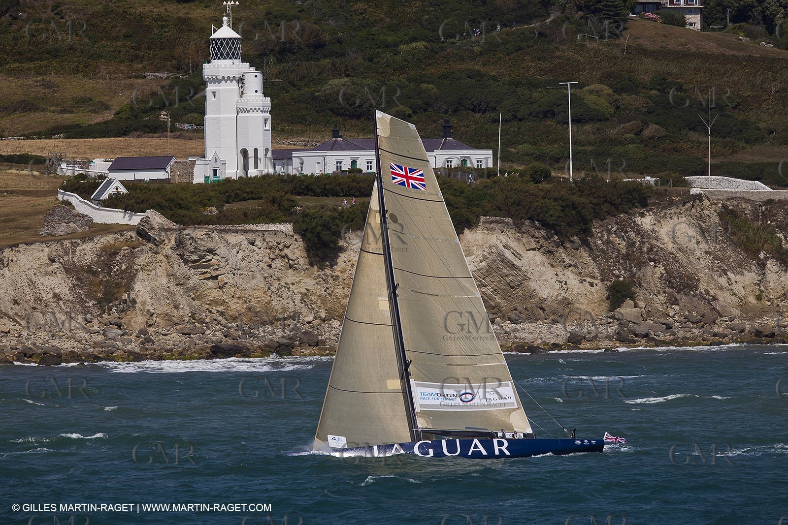 05 08 2010 - Cowes (UK, IOW) - The 1851 Cup -  BMW ORACLE Racing -  - Round The Island Race - Passing Ste Catherine Lighthouse.