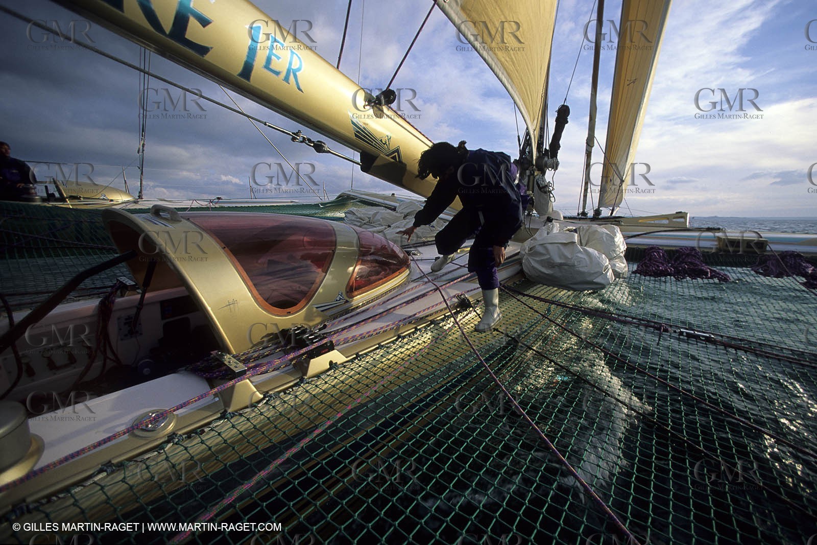 Florence Arthaud winner of the 1900 Route du Rhum on her boat Groupe Pierre 1er
