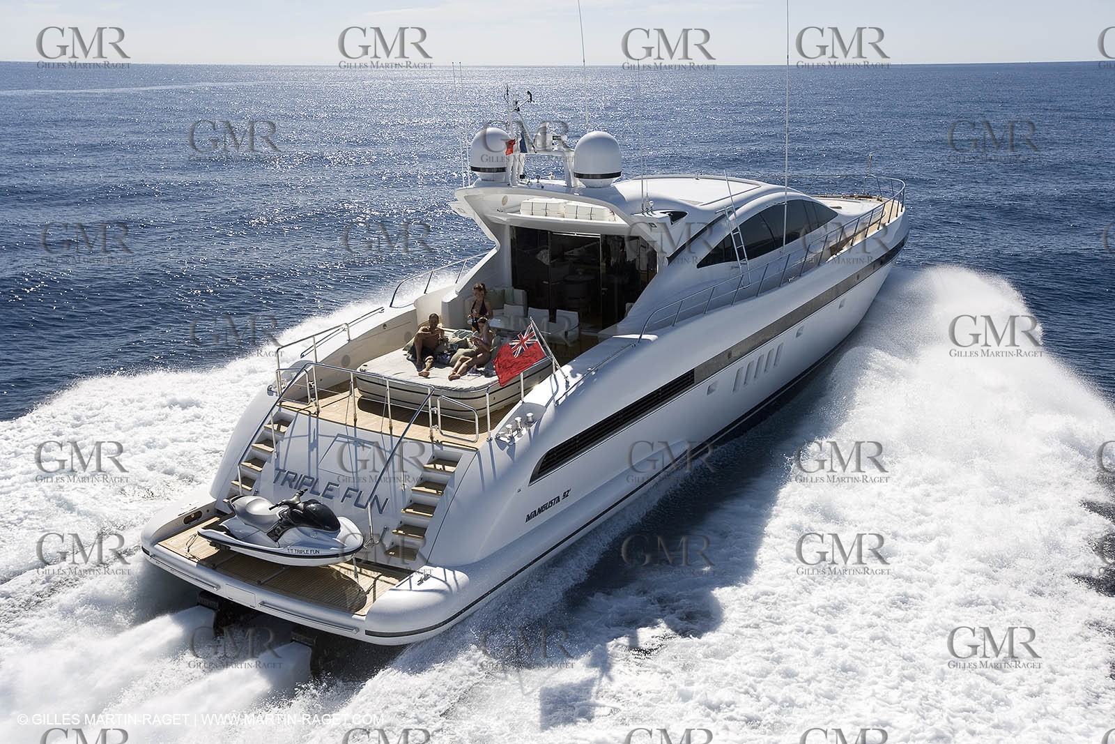 06 09 2007 - Saint Tropez (FRA, 83) - Superyachts - Motoryachts - Mangusta 92 Triple Fun in Saint Tropez - Mooring at Club 55 at Pampelonne Beach