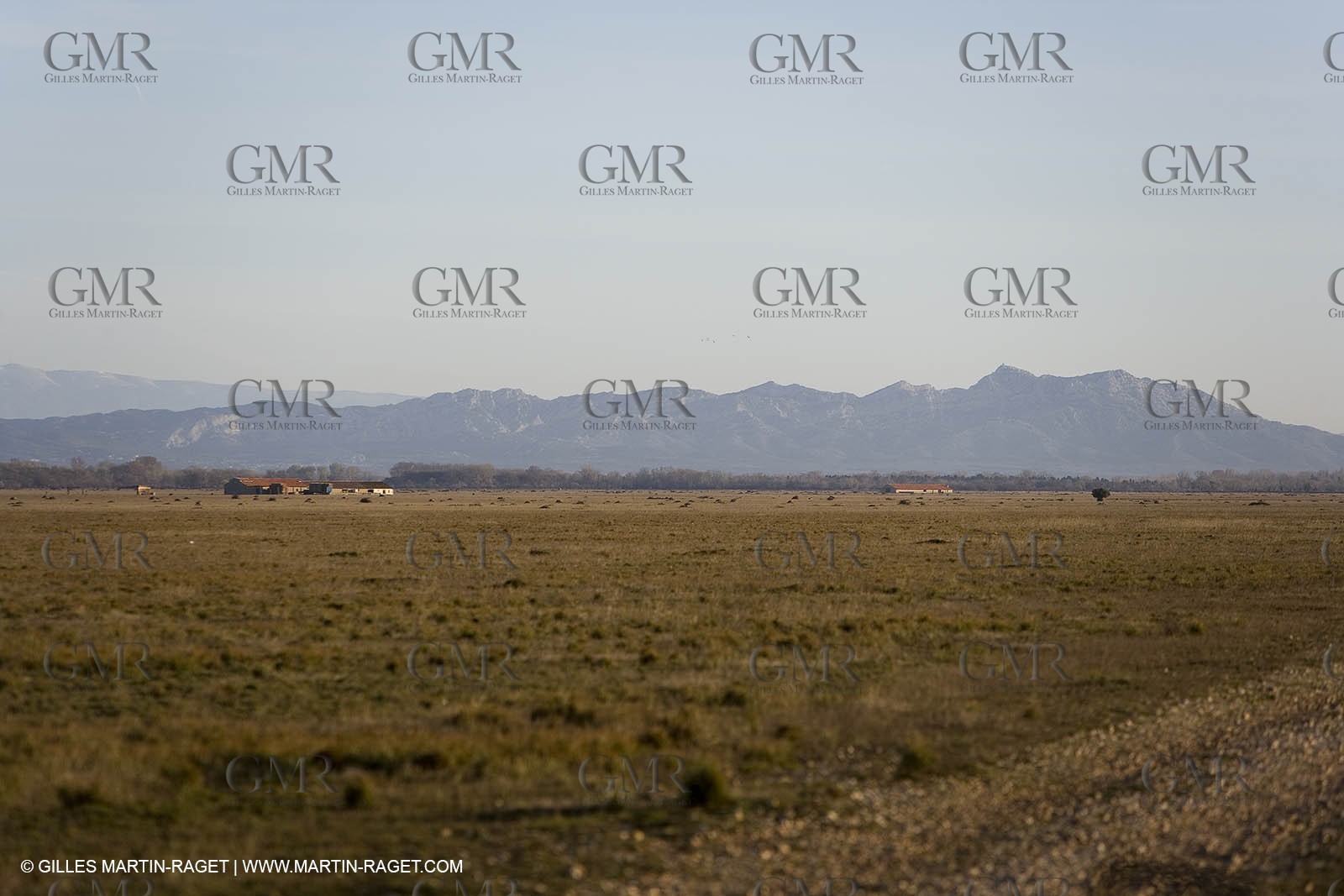 04 03 2007 - Saint Martin de Crau (FRA) - la Crau plain with Alpilles hills and Mont Ventoux in background.