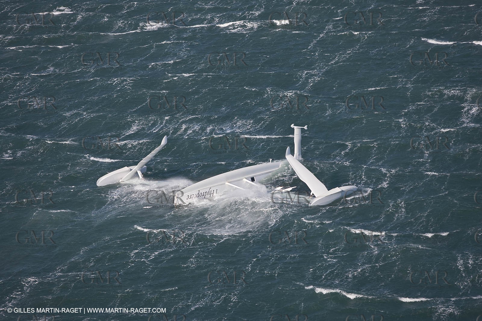 21 12 2008 - Port Saint Louis du Rhône (South of France) - The Hydroptere just after its capsize when trying to beat the overall sailing speed record