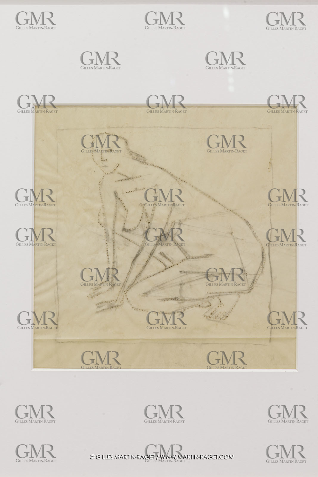 02 05 2023, Paris (FRA), oeuvre de Germaine Richier, Exposition Centre Pompidou 2023, Sans titre [Femme accroupie], vers 1940, Mine de plomb, pointillé sur calque, collection particulière