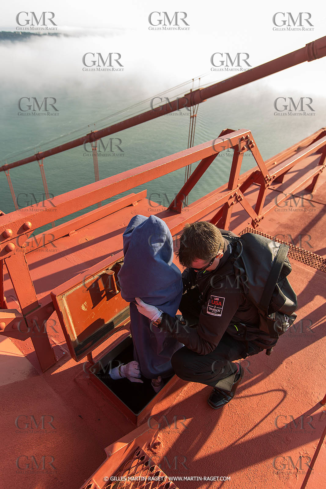 03 07 2013 - San Francisco (USA, CA) - 34th America's Cup - The America's Cup Trophy at the top of Golden Gate Bridge
