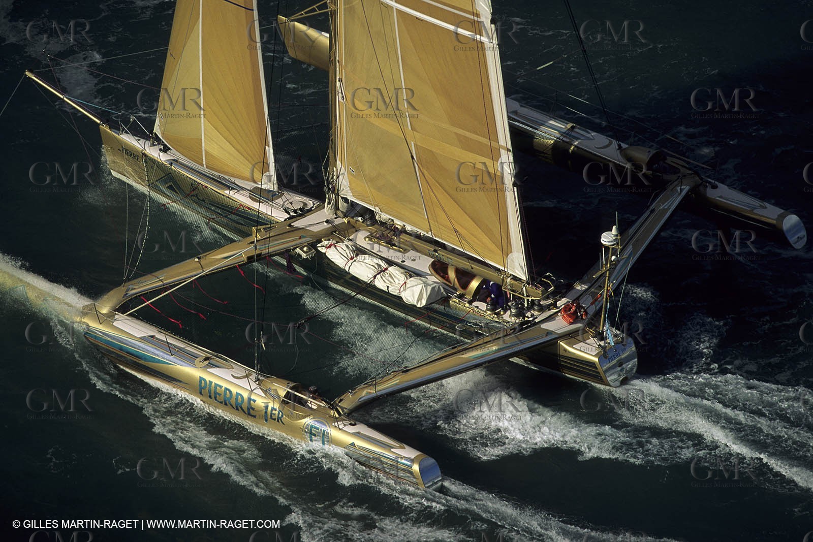 Florence Arthaud winner of the 1900 Route du Rhum on her boat Groupe Pierre 1er