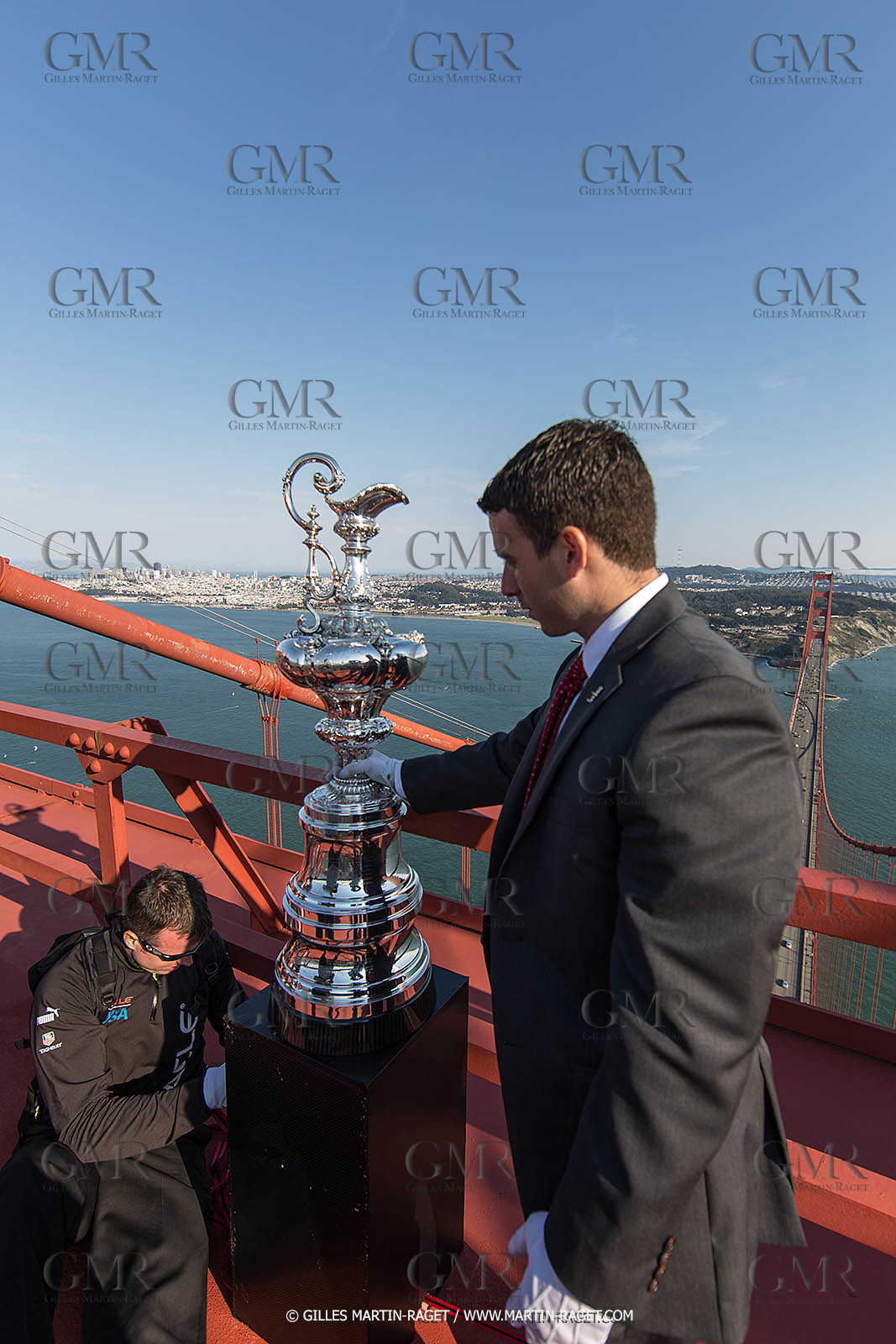 03 07 2013 - San Francisco (USA, CA) - 34th America's Cup - The America's Cup Trophy at the top of Golden Gate Bridge