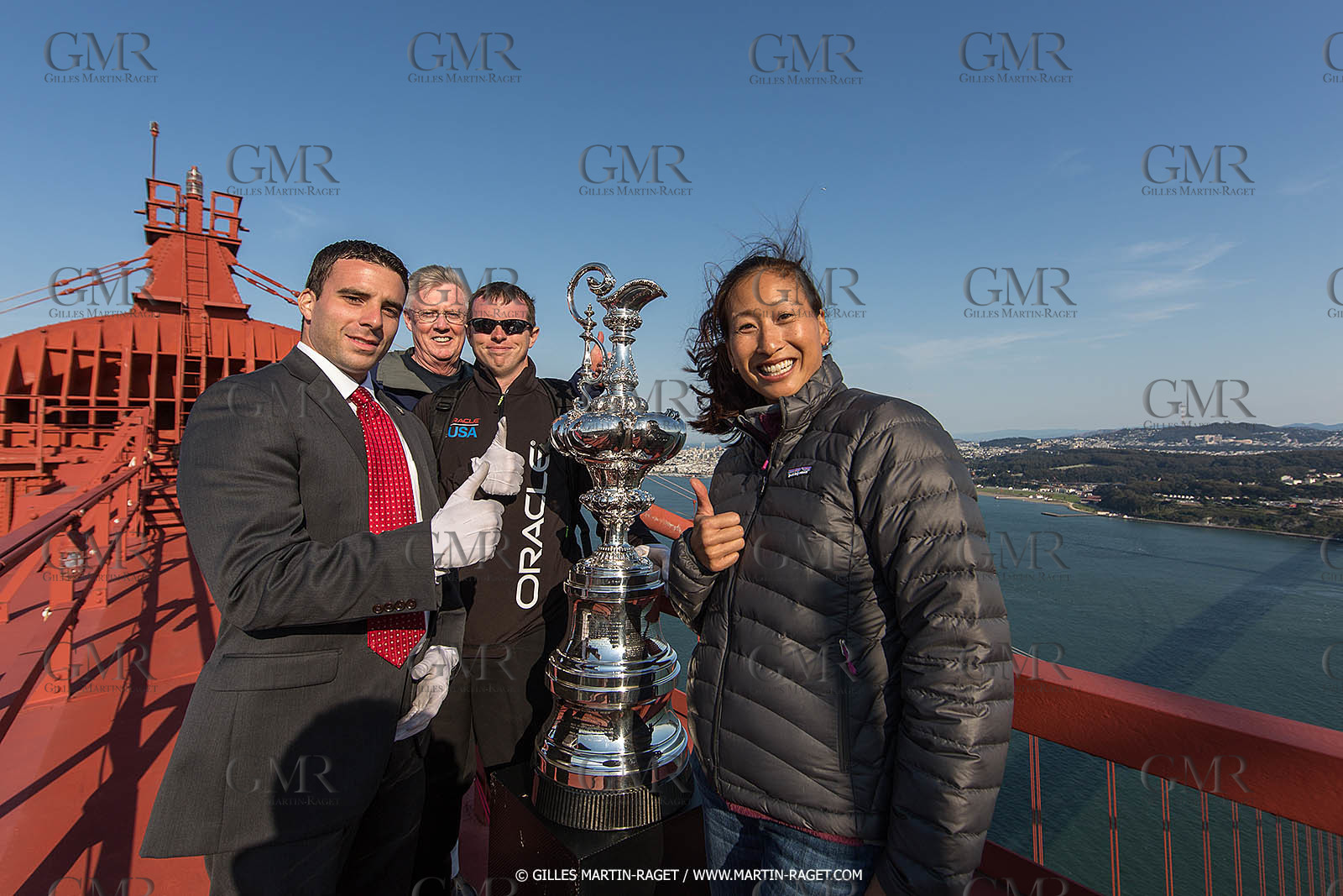 03 07 2013 - San Francisco (USA, CA) - 34th America's Cup - The America's Cup Trophy at the top of Golden Gate Bridge
