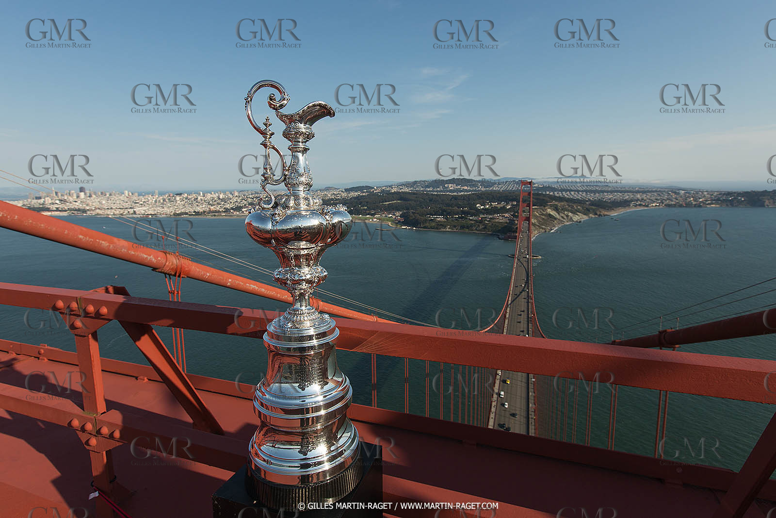 03 07 2013 - San Francisco (USA, CA) - 34th America's Cup - The America's Cup Trophy at the top of Golden Gate Bridge