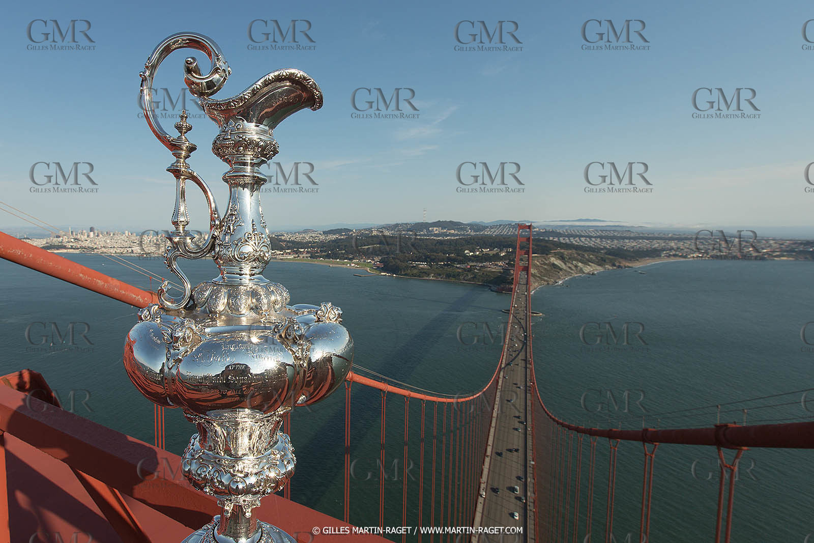 03 07 2013 - San Francisco (USA, CA) - 34th America's Cup - The America's Cup Trophy at the top of Golden Gate Bridge