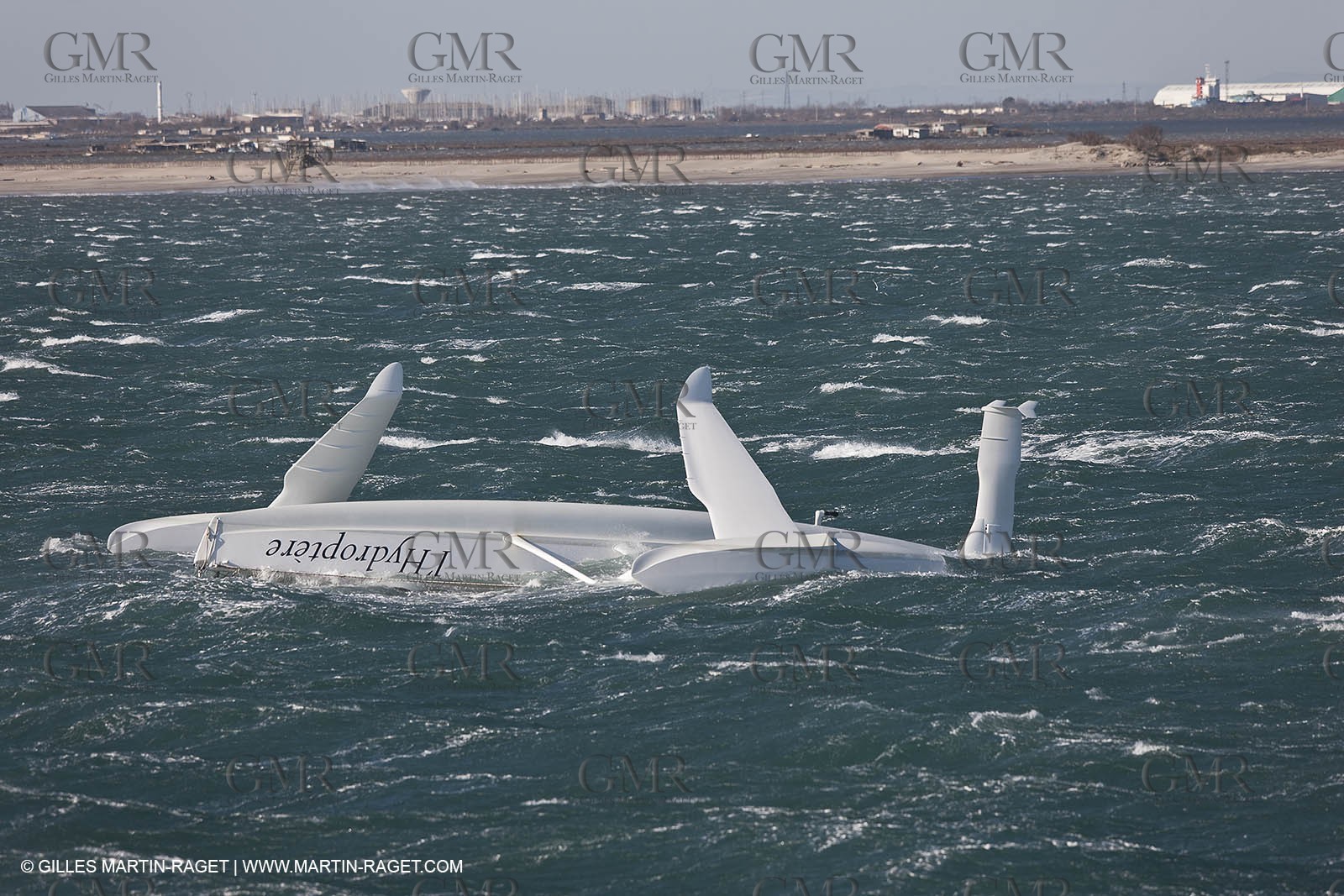 21 12 2008 - Port Saint Louis du Rhône (South of France) - The Hydroptere just after its capsize when trying to beat the overall sailing speed record
