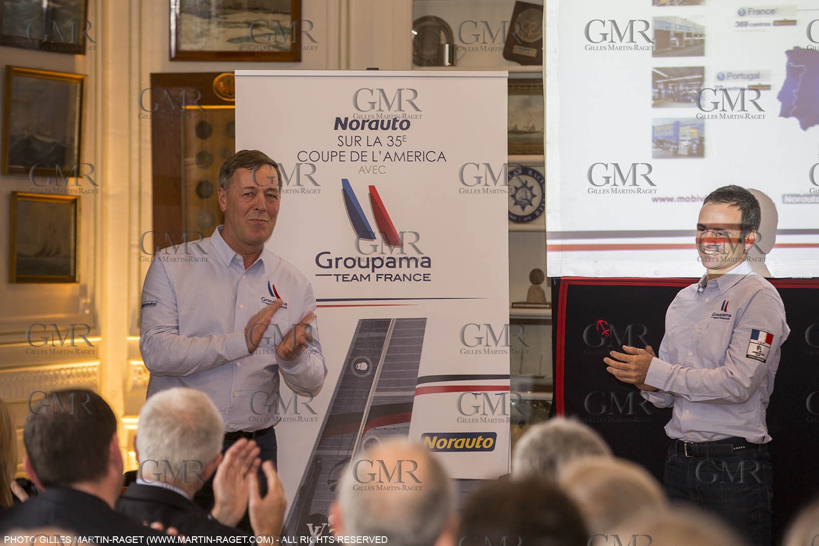 22 02 2016, Paris (FRA), 35th America's Cup, Groupama Team France announces Norauto as official partner at Yacht Club de France, Thibault Derville (Norauto) et Franck Cammas