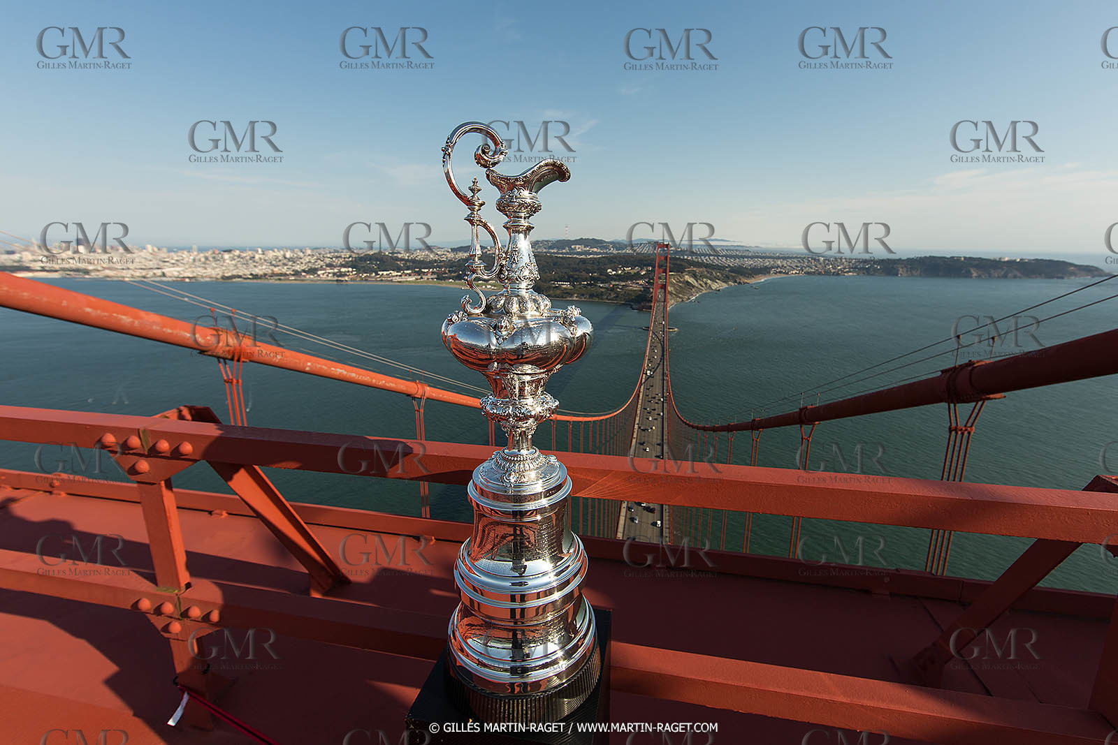 03 07 2013 - San Francisco (USA, CA) - 34th America's Cup - The America's Cup Trophy at the top of Golden Gate Bridge