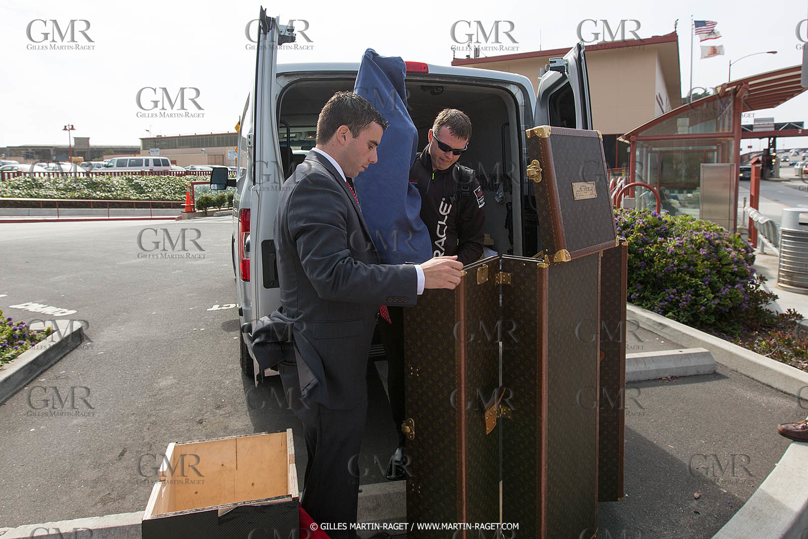03 07 2013 - San Francisco (USA, CA) - 34th America's Cup - The America's Cup Trophy at the top of Golden Gate Bridge