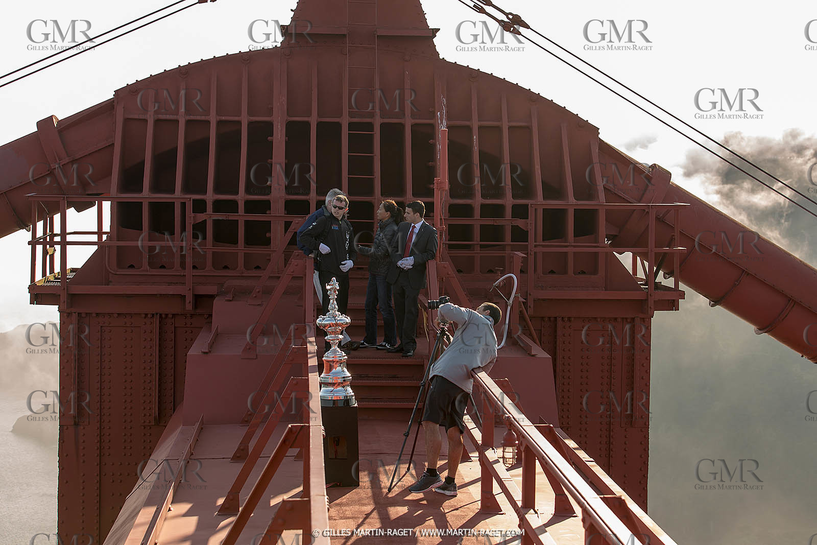 03 07 2013 - San Francisco (USA, CA) - 34th America's Cup - The America's Cup Trophy at the top of Golden Gate Bridge