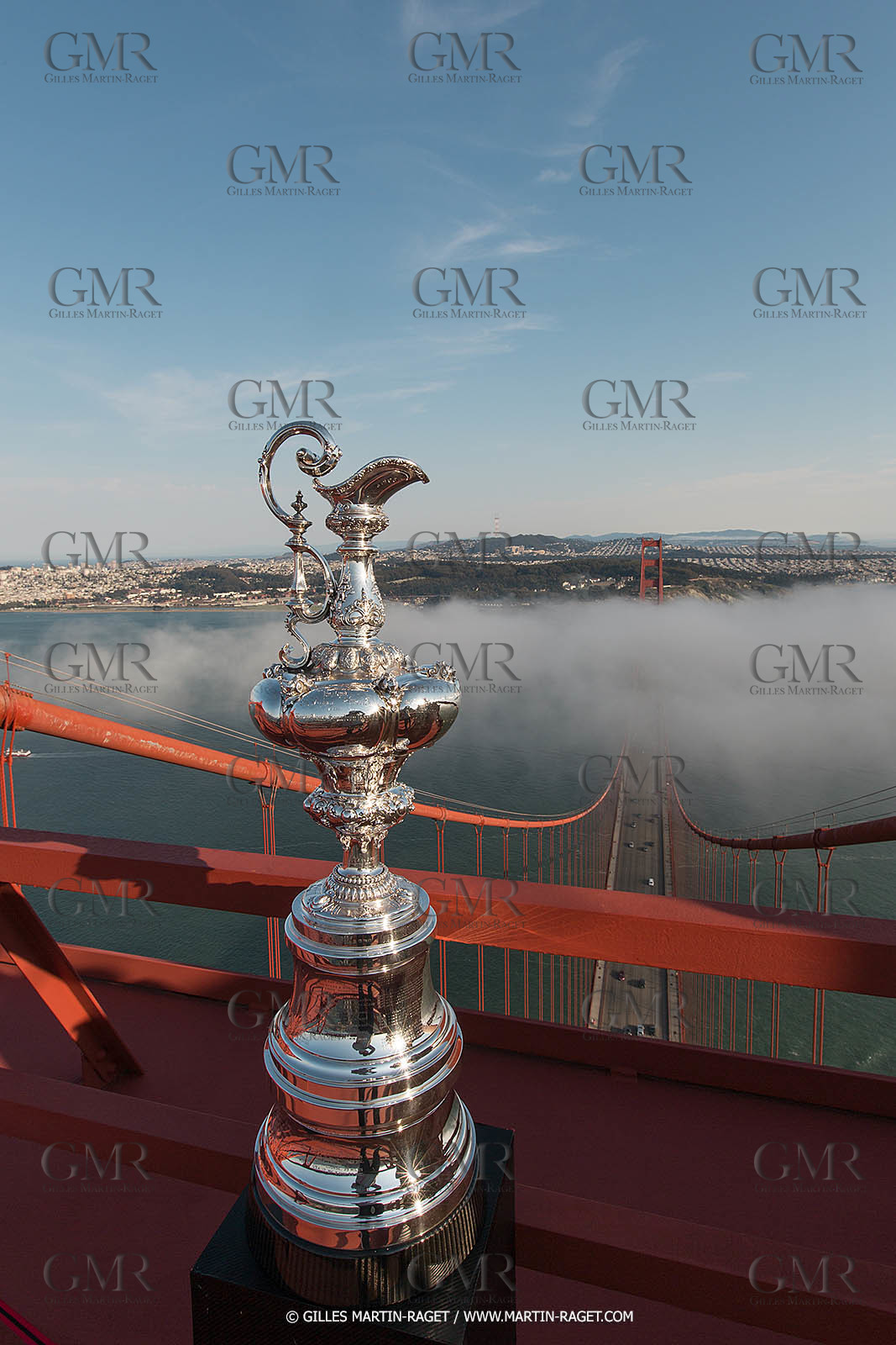 03 07 2013 - San Francisco (USA, CA) - 34th America's Cup - The America's Cup Trophy at the top of Golden Gate Bridge