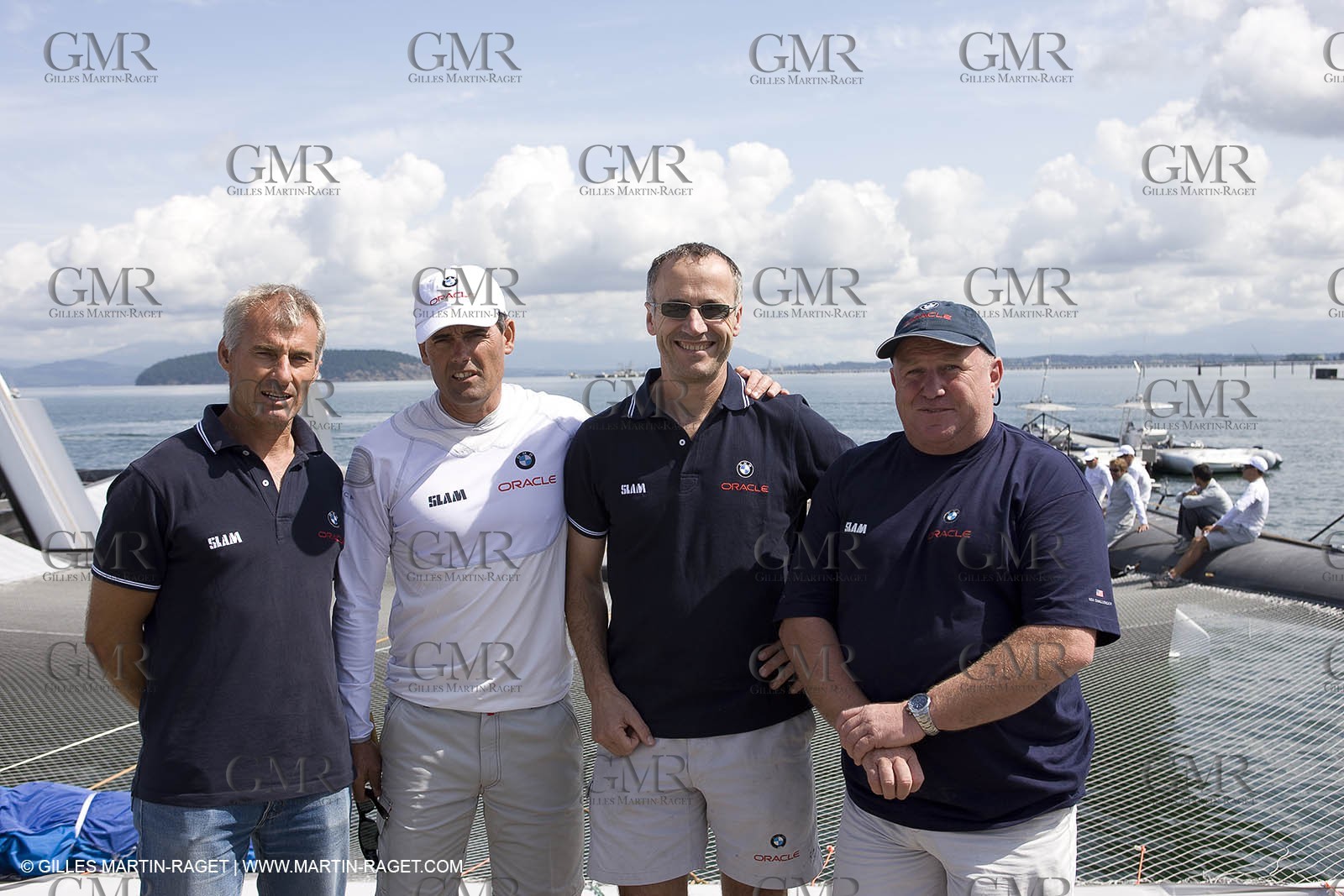 08 07 2008 - Valencia (ESP) - 33rd America's Cup - BMW ORACLE Racing - Mike Drummond (Design Coordinator), Russell Coutts (CEO, skipper), Tim Smith (Boatbuilder), Mark Turner (Boat Builder)