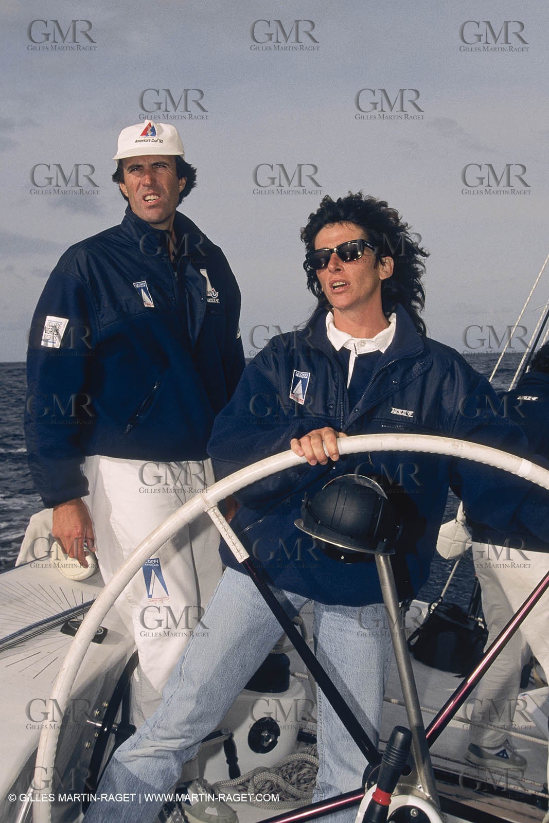 1991, America's cup, Florence Arthaud à bord de Ville de Paris (skipper Marc Pajot)