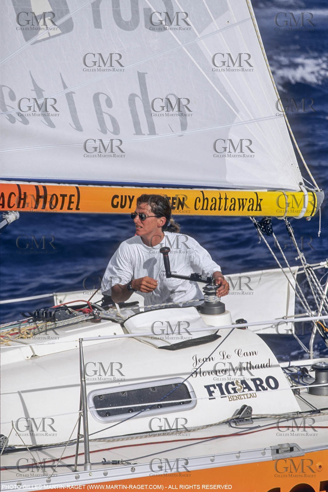 Saint Barthelemy, Transat AG2R 1996, arrivee de Jean Le Cam et Florence Arthaud (2emes)