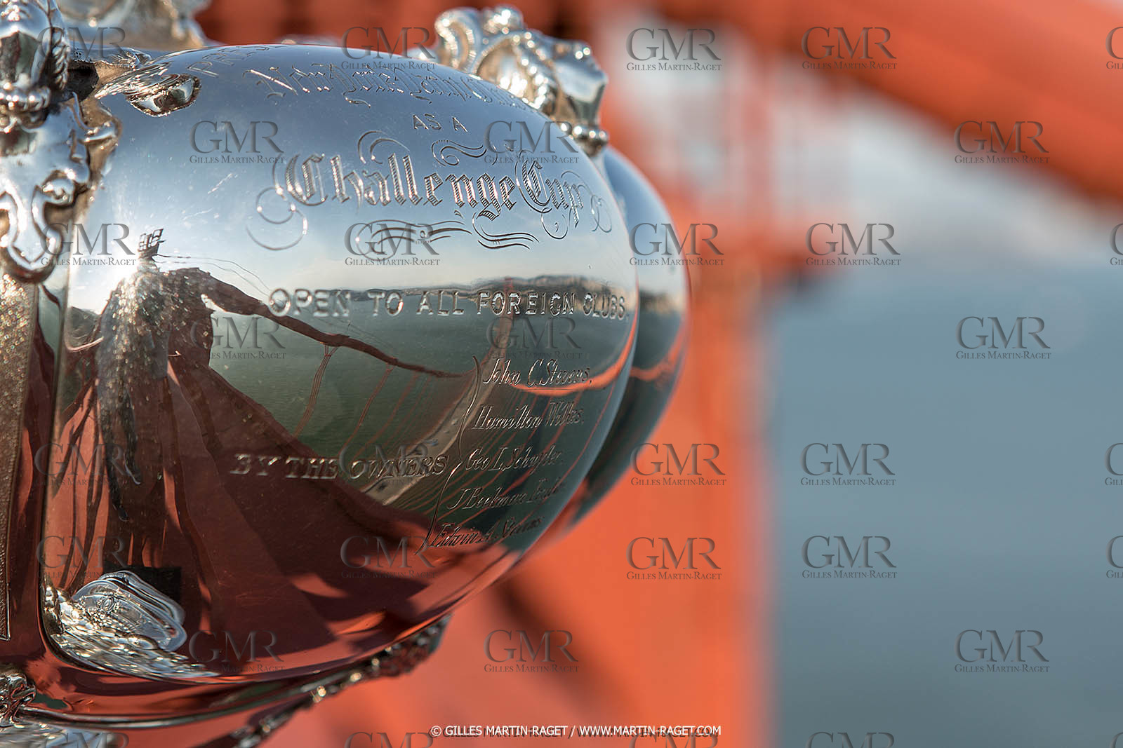 03 07 2013 - San Francisco (USA, CA) - 34th America's Cup - The America's Cup Trophy at the top of Golden Gate Bridge