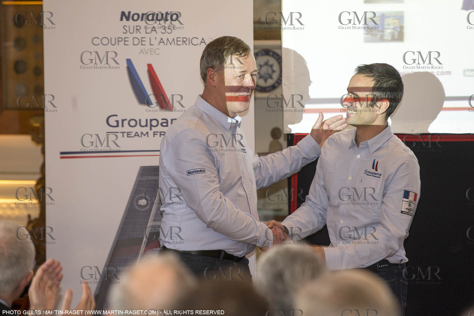 22 02 2016, Paris (FRA), 35th America's Cup, Groupama Team France announces Norauto as official partner at Yacht Club de France, Thibault Derville (Norauto) et Franck Cammas