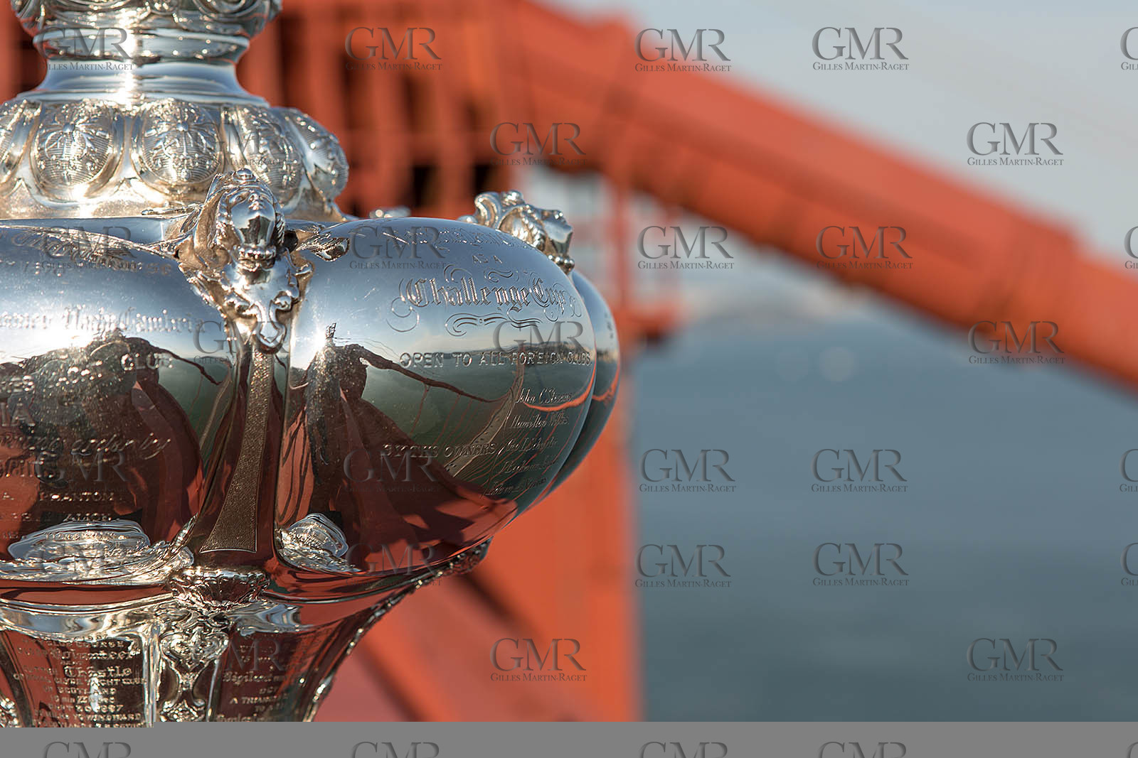 03 07 2013 - San Francisco (USA, CA) - 34th America's Cup - The America's Cup Trophy at the top of Golden Gate Bridge