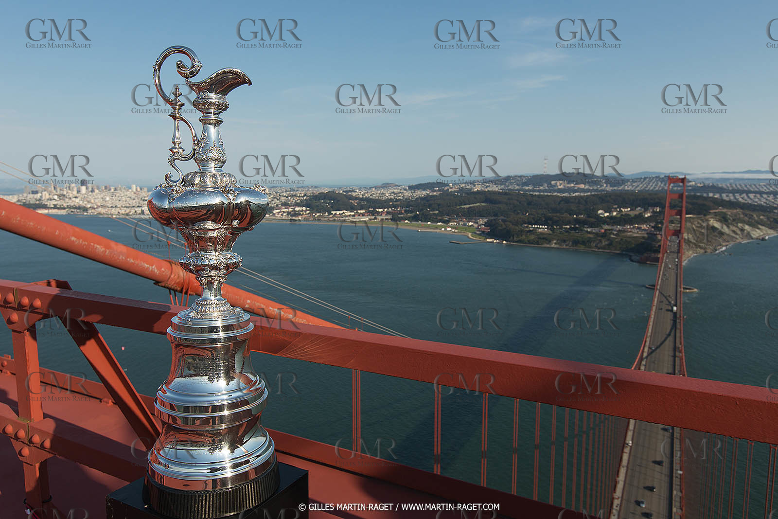 03 07 2013 - San Francisco (USA, CA) - 34th America's Cup - The America's Cup Trophy at the top of Golden Gate Bridge