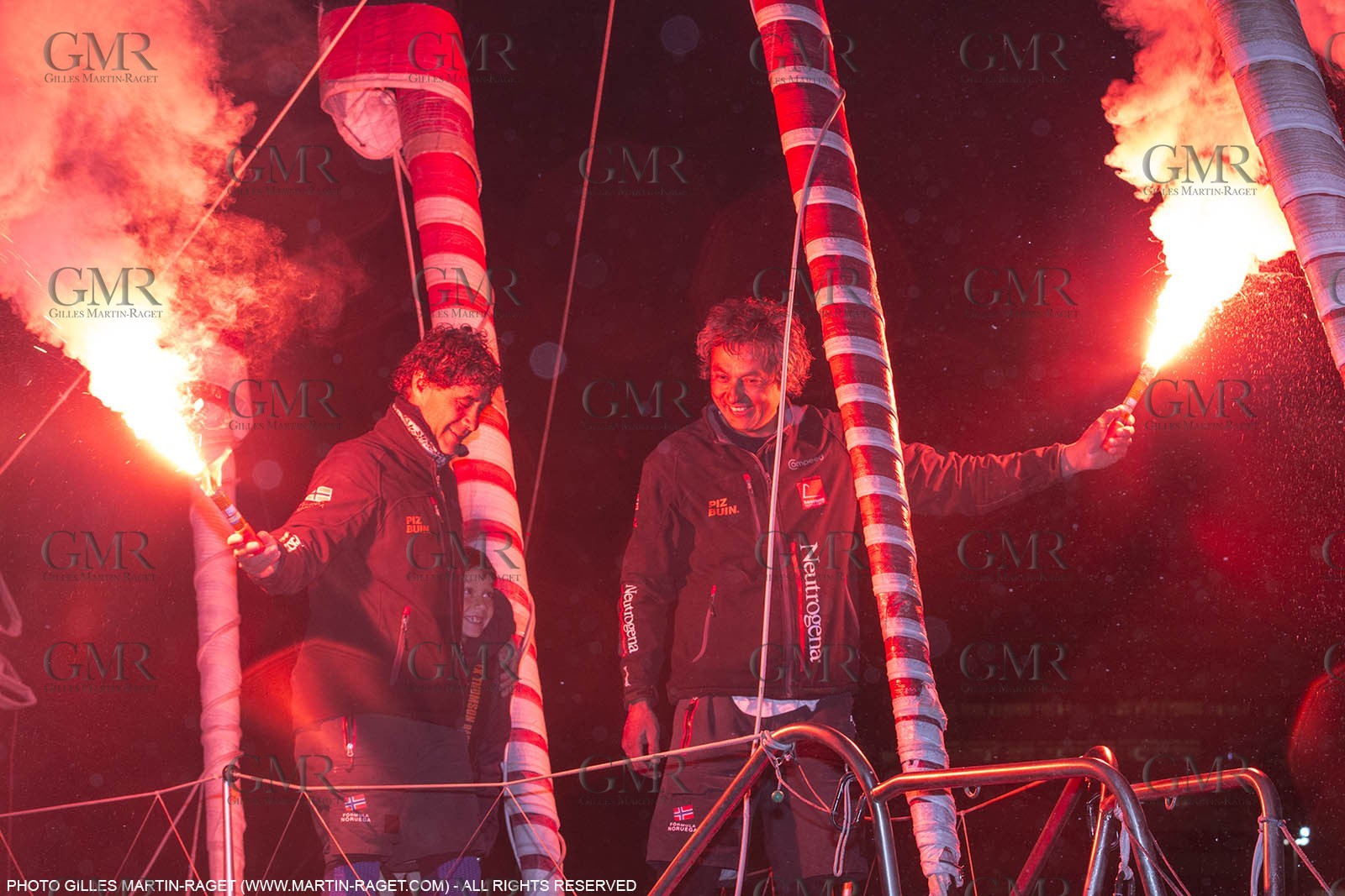 30 03 2015, Barcelona (ESP), Barcelona World Race 2014-15, Neutrogena (Guillermo Altadill, José Muñoz) arrival in 2nd place.