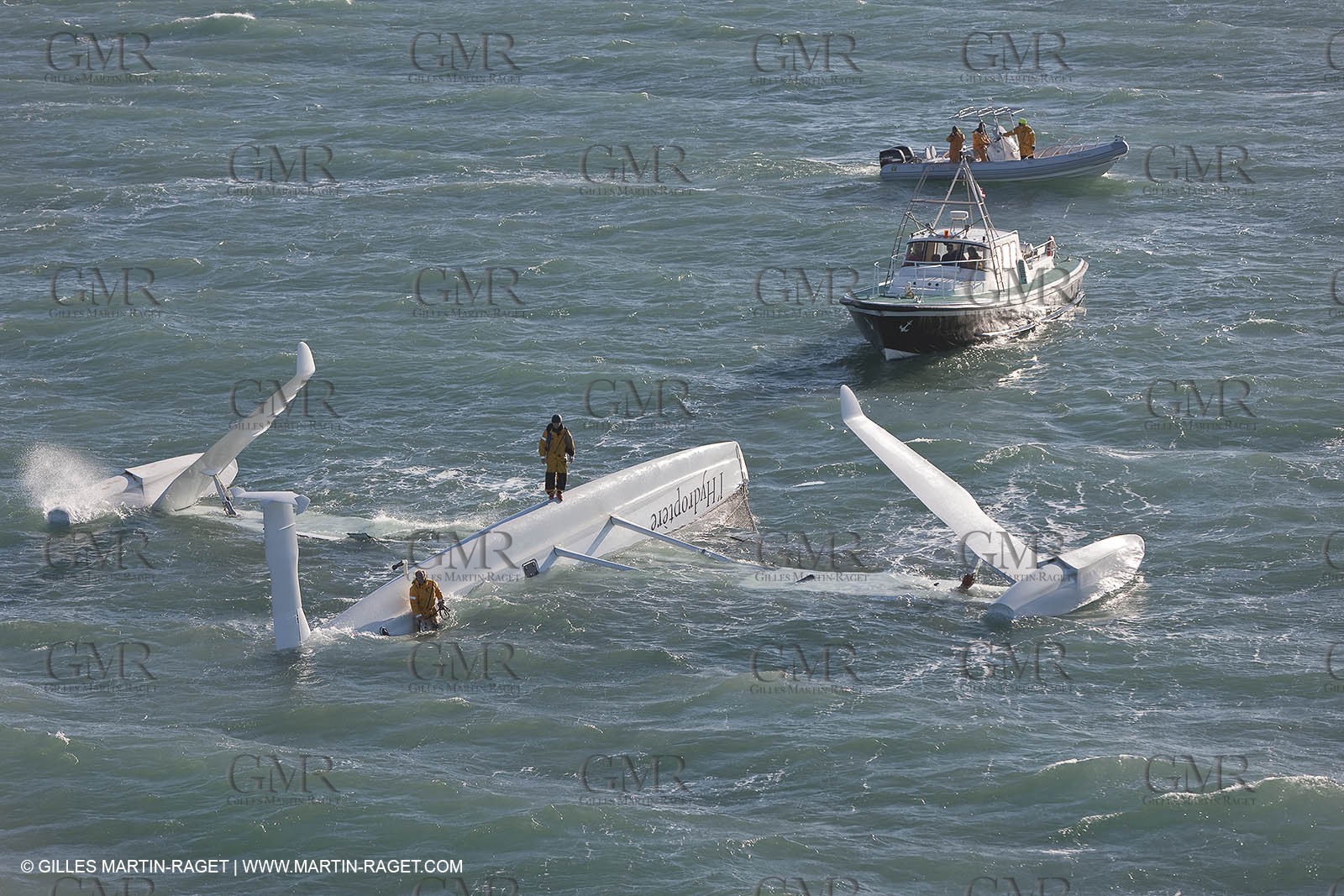 21 12 2008 - Port Saint Louis du Rhône (South of France) - The Hydroptere just after its capsize when trying to beat the overall sailing speed record