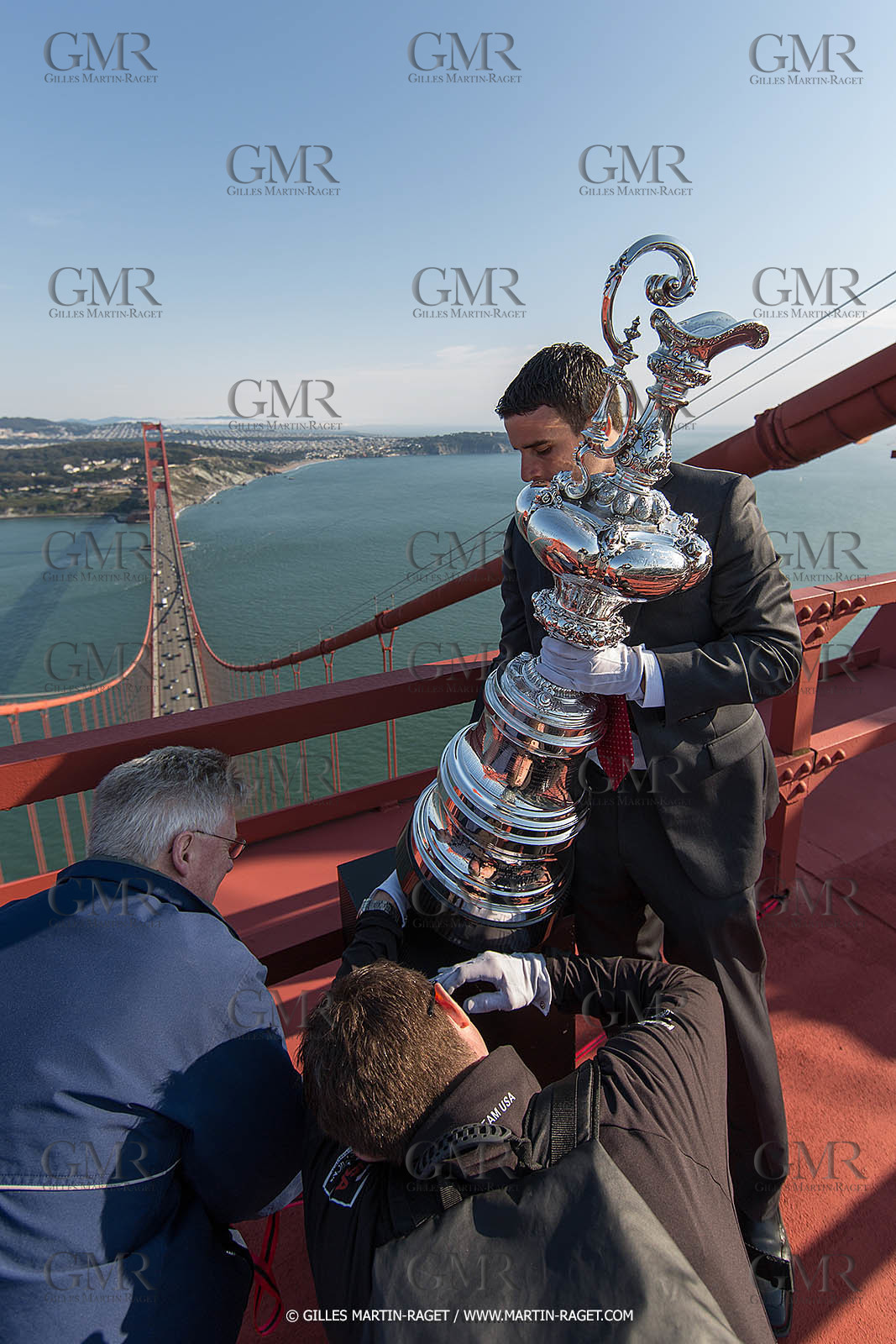 03 07 2013 - San Francisco (USA, CA) - 34th America's Cup - The America's Cup Trophy at the top of Golden Gate Bridge