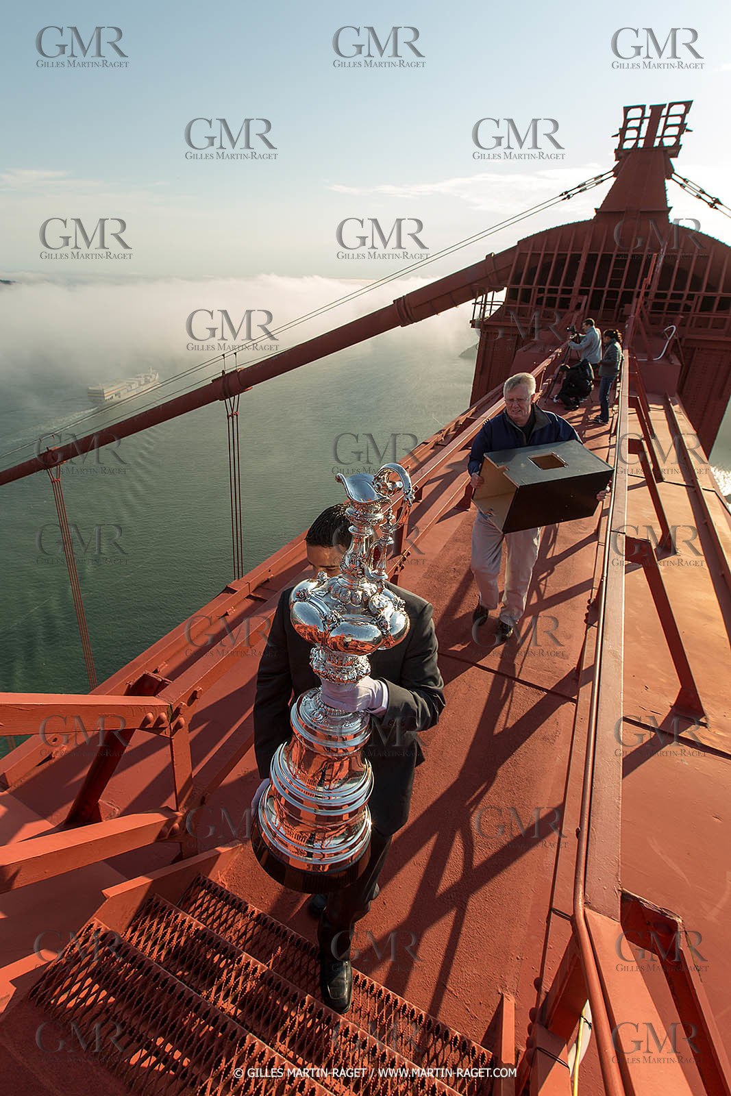03 07 2013 - San Francisco (USA, CA) - 34th America's Cup - The America's Cup Trophy at the top of Golden Gate Bridge