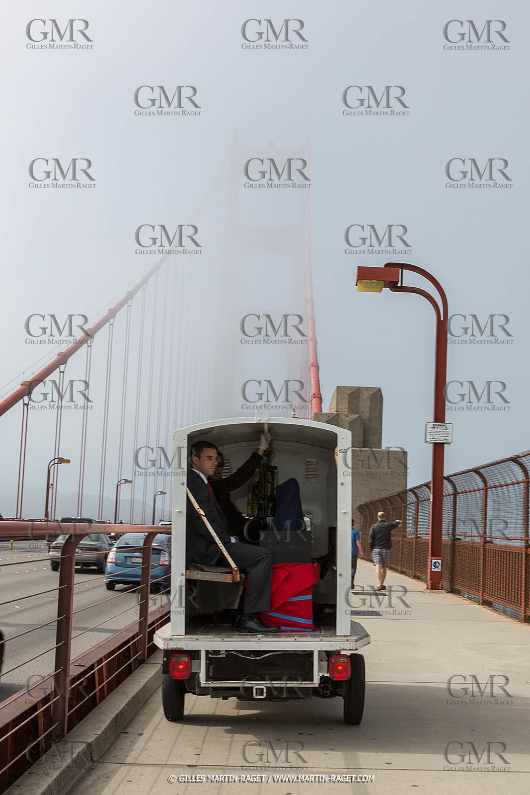 03 07 2013 - San Francisco (USA, CA) - 34th America's Cup - The America's Cup Trophy at the top of Golden Gate Bridge