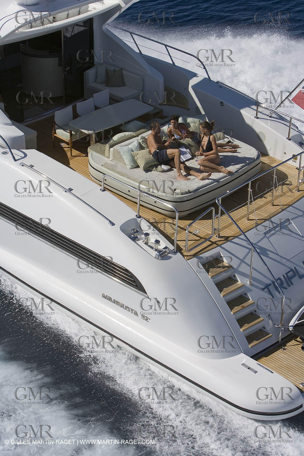 06 09 2007 - Saint Tropez (FRA, 83) - Superyachts - Motoryachts - Mangusta 92 Triple Fun in Saint Tropez - Mooring at Club 55 at Pampelonne Beach