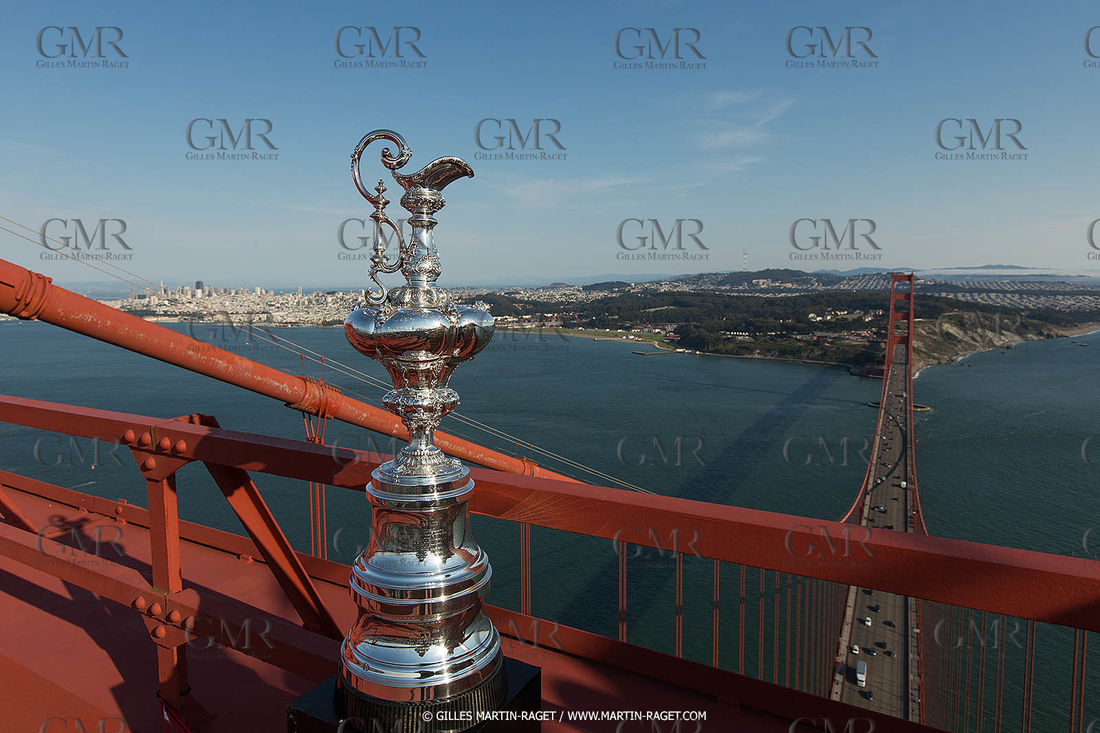 03 07 2013 - San Francisco (USA, CA) - 34th America's Cup - The America's Cup Trophy at the top of Golden Gate Bridge