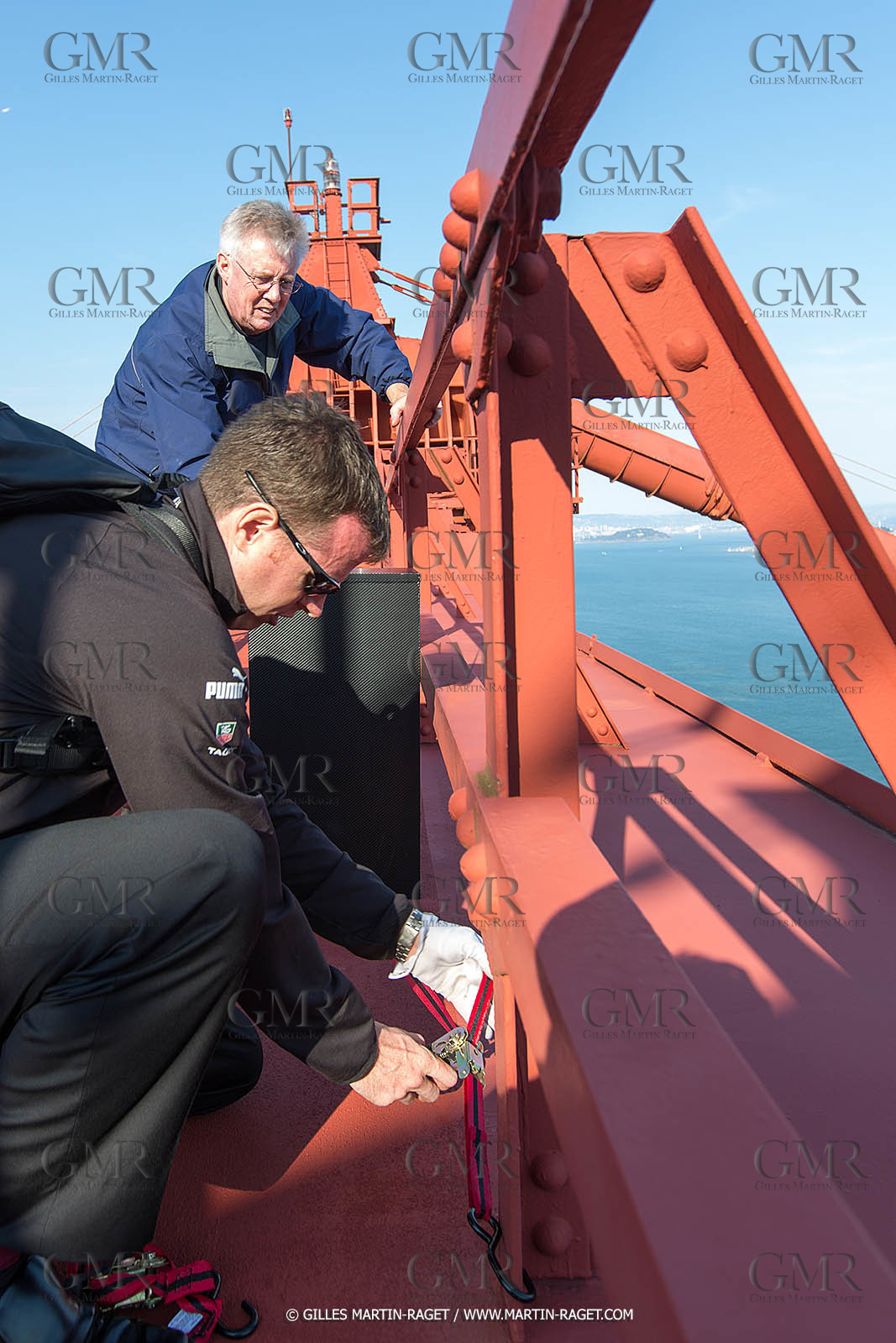 03 07 2013 - San Francisco (USA, CA) - 34th America's Cup - The America's Cup Trophy at the top of Golden Gate Bridge