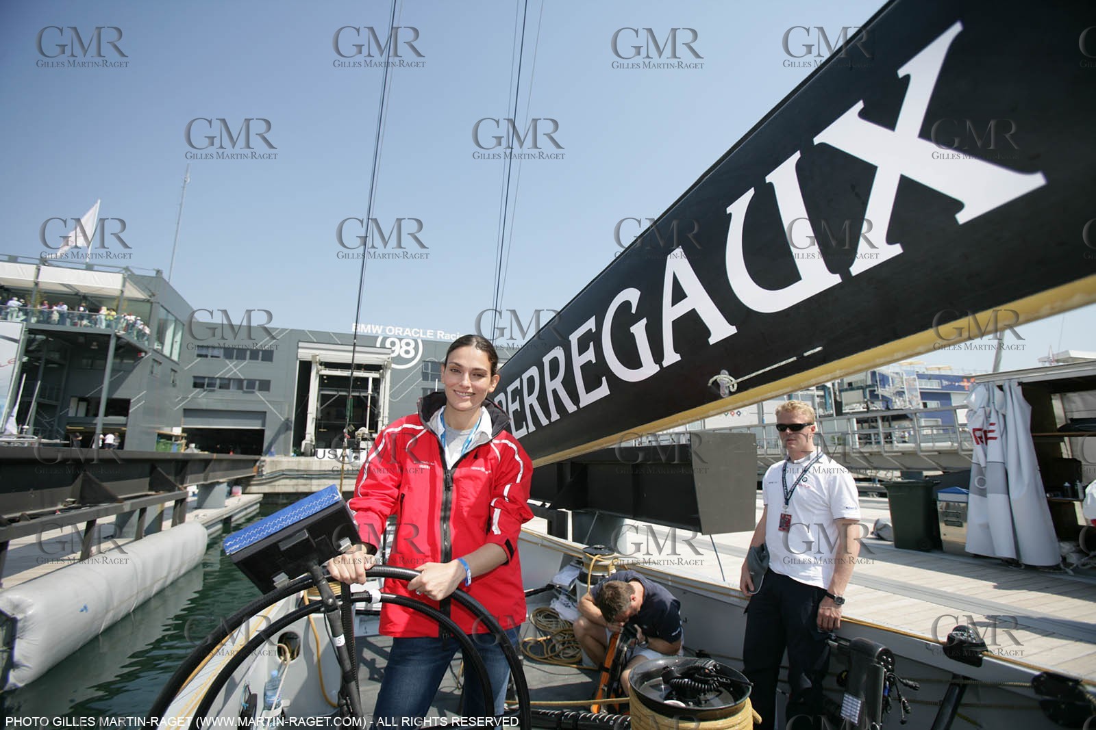 17 04 2007-Valencia (Spain)- 32nd America's Cup - Louis Vuitton Cup - RR1 - DAY 2 - BMW ORACLE Racing - Spanish Top Model Laura Ponte 18th man onboard USA 98 for inaugural Louis Vuitton Cup race