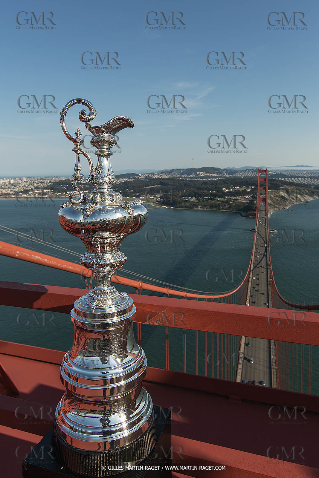 03 07 2013 - San Francisco (USA, CA) - 34th America's Cup - The America's Cup Trophy at the top of Golden Gate Bridge