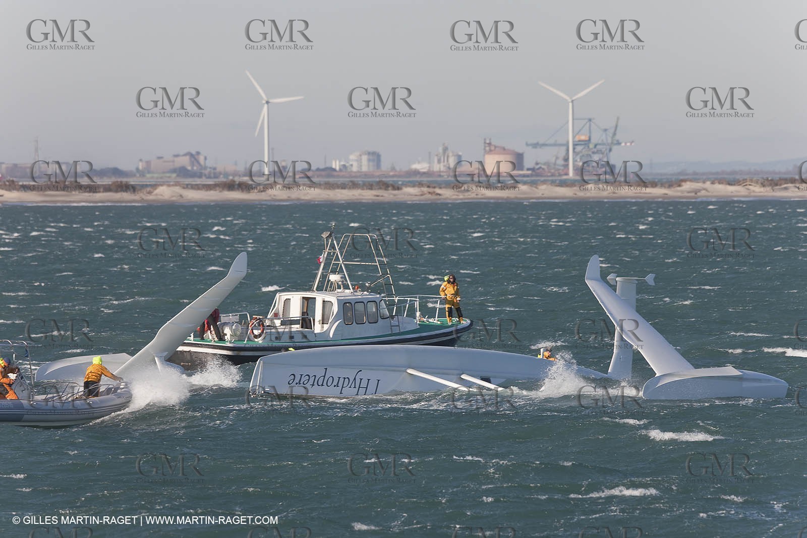 21 12 2008 - Port Saint Louis du Rhône (South of France) - The Hydroptere just after its capsize when trying to beat the overall sailing speed record