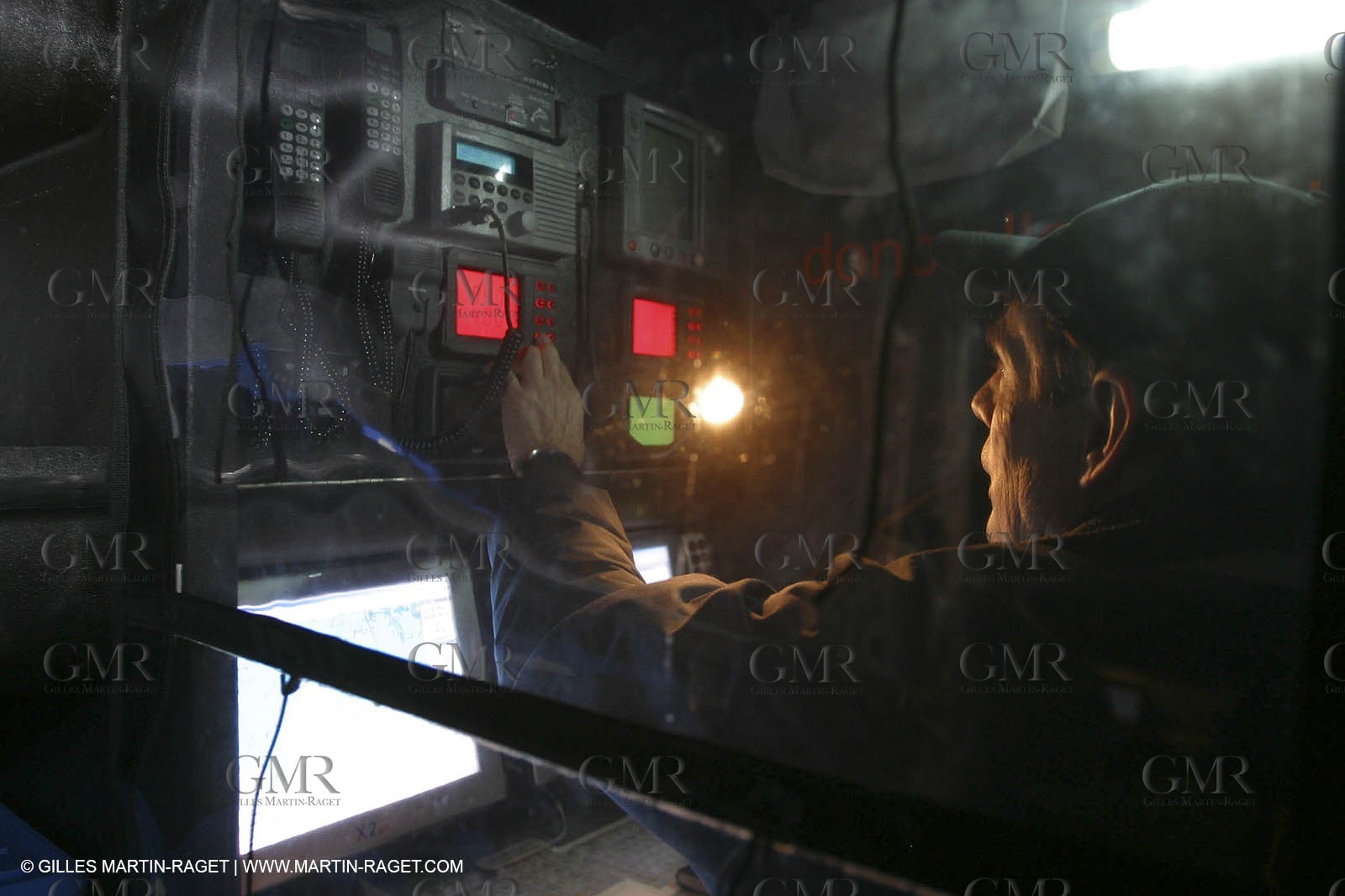 Lorient -Orange II - First sea trials - onboard - at night - Roger Nilson at the navstation