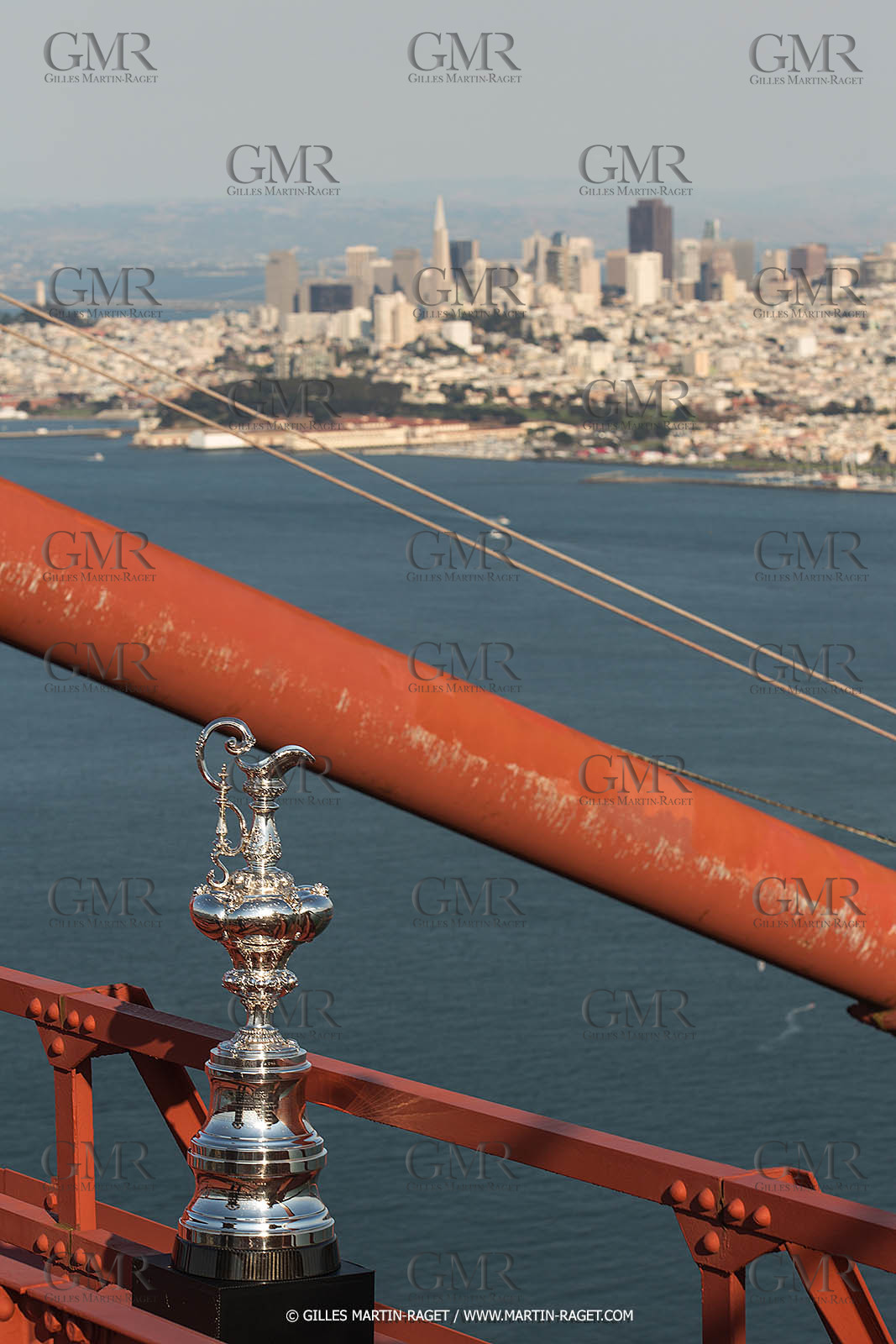 03 07 2013 - San Francisco (USA, CA) - 34th America's Cup - The America's Cup Trophy at the top of Golden Gate Bridge
